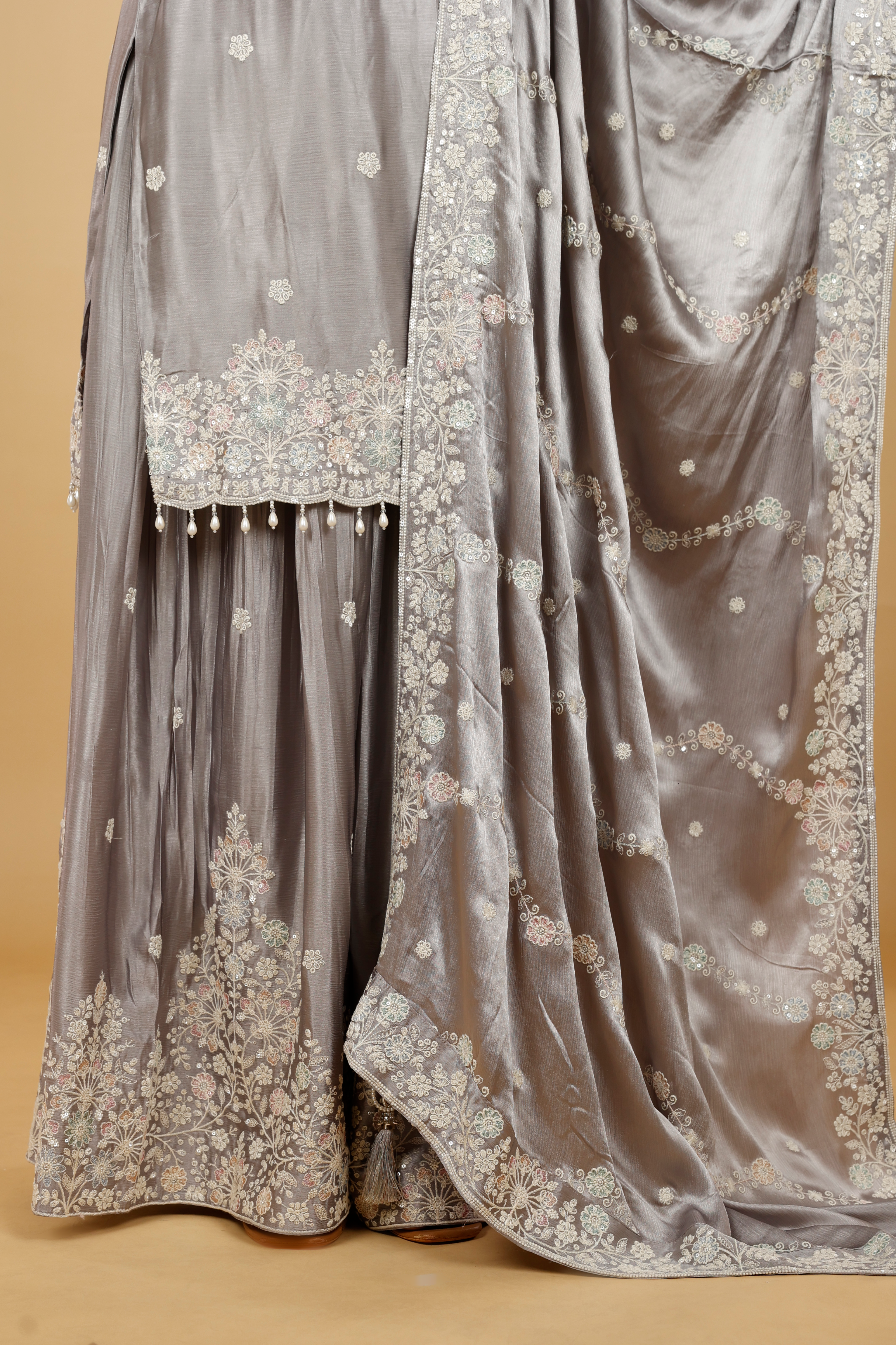 Silver Grey Chinon Silk Sharara Set with Thread, Pearl & Sequin Embroidery