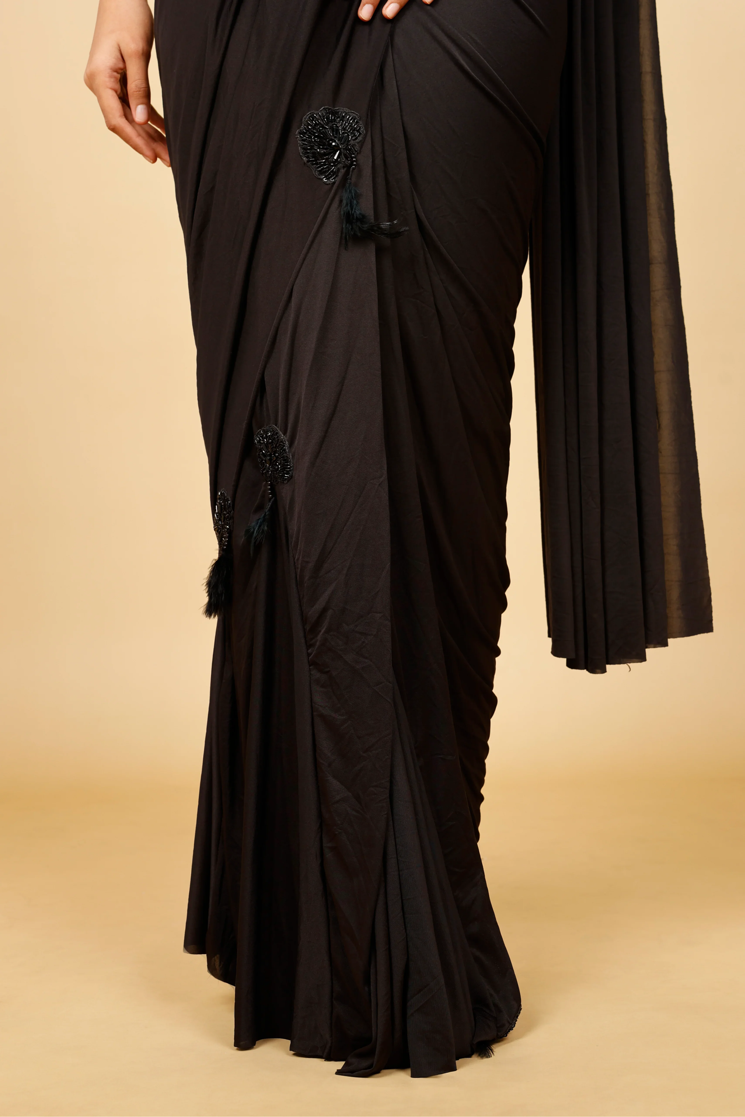 Black Lycra Drape Saree with Feathered Pearl & Cutdana Embroidered Blouse - Mokshaa