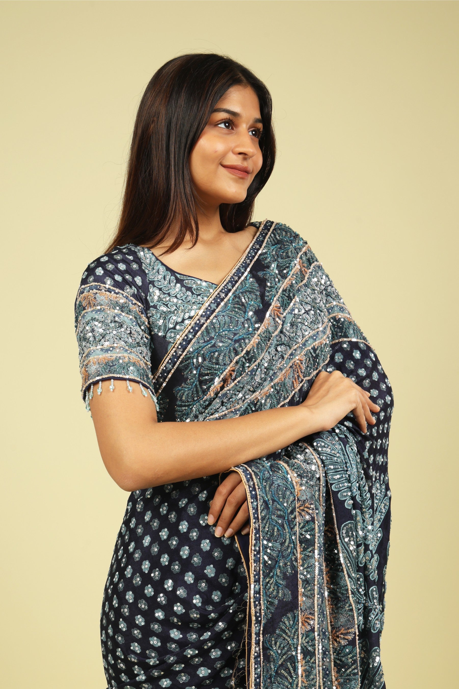 Dark Blue Soft Georgette Saree with All-Over Fancy Sequin Highlights