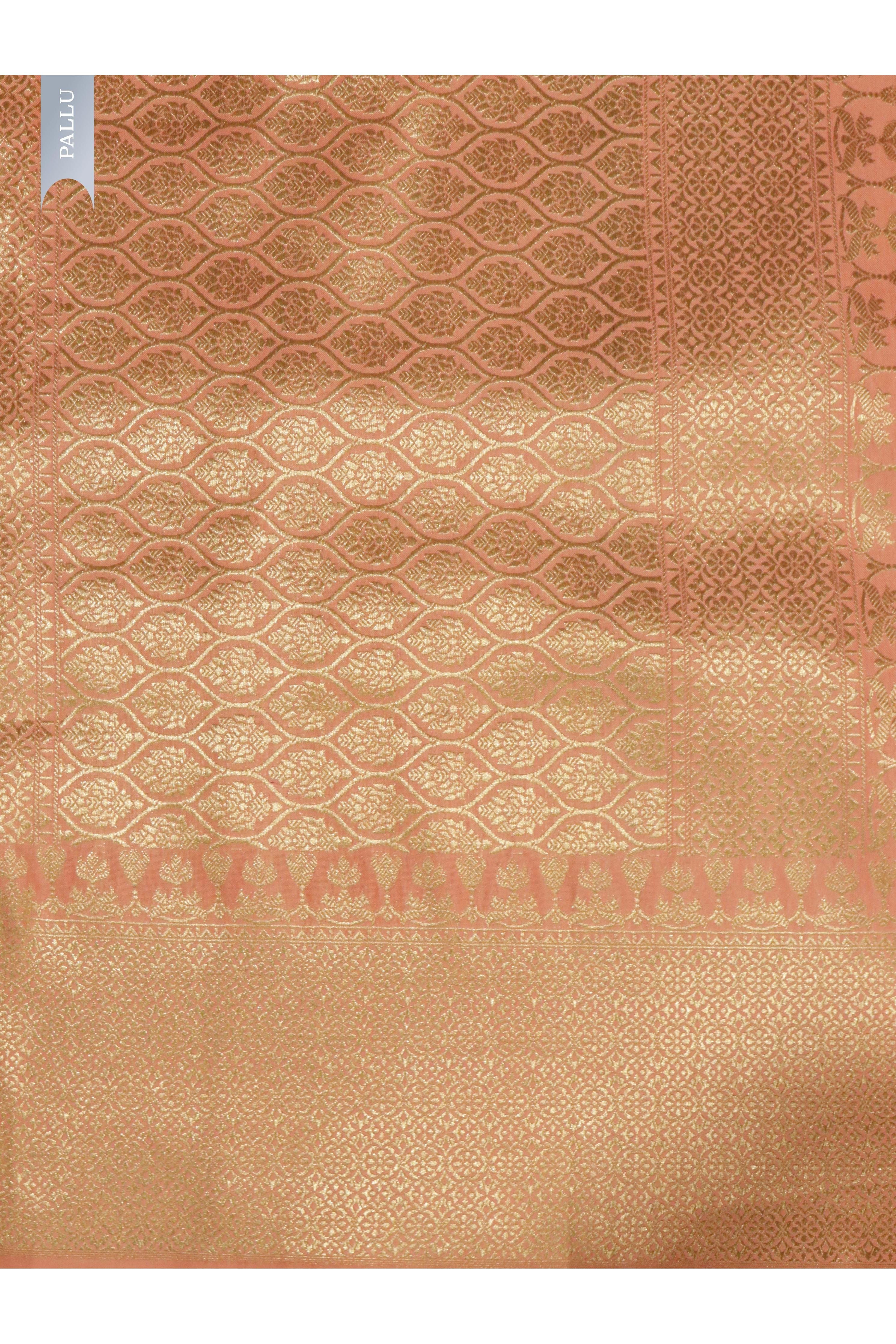 Peach Banarasi Silk Saree with All-Over Zari & Thread Weaving - Mokshaa