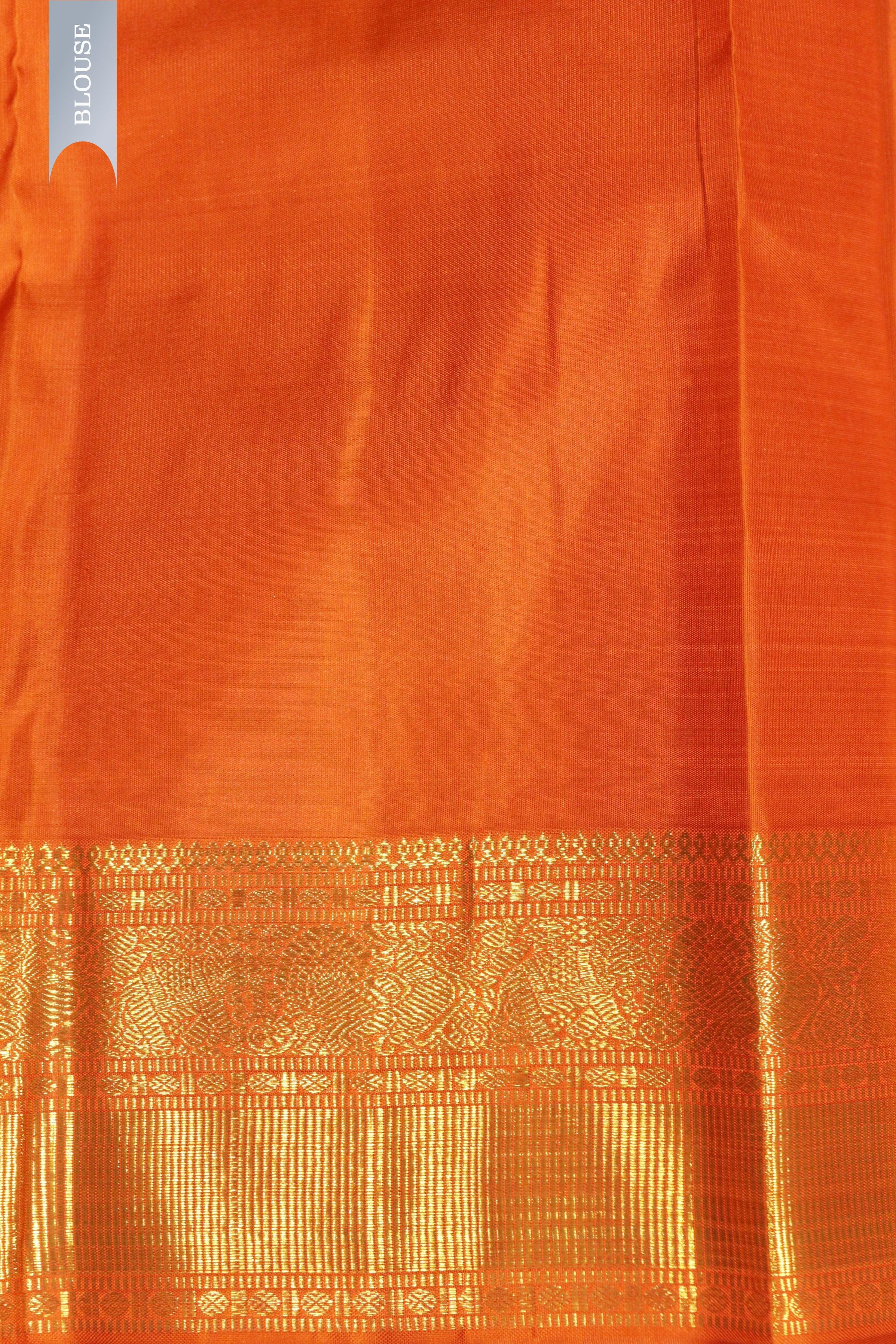 Orange Kanchipuram Silk Saree with All-Over Motifs and Zari Border - Mokshaa
