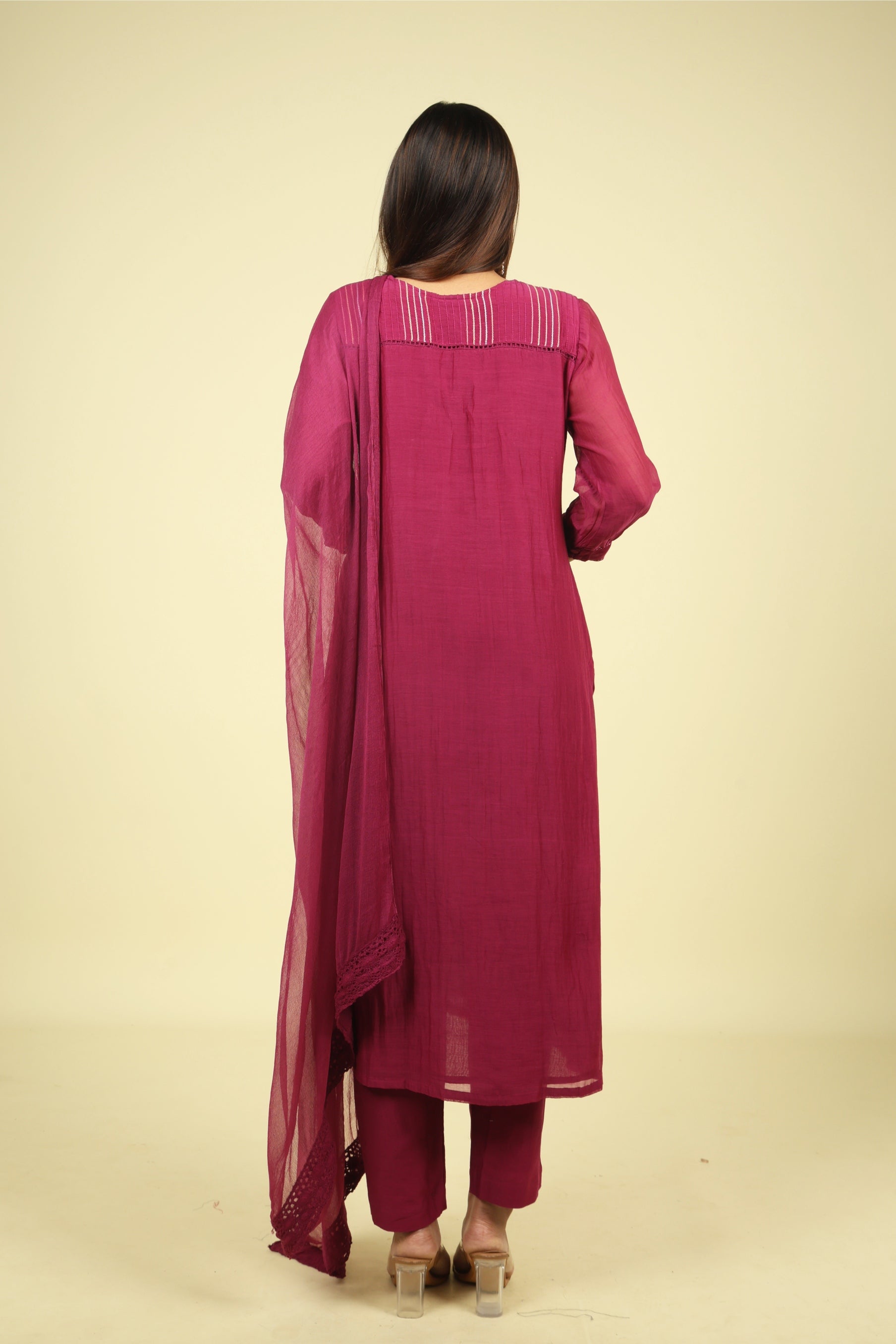 Magenta Mul Chanderi Straight Cut Salwar Set with Chiffon Dupatta