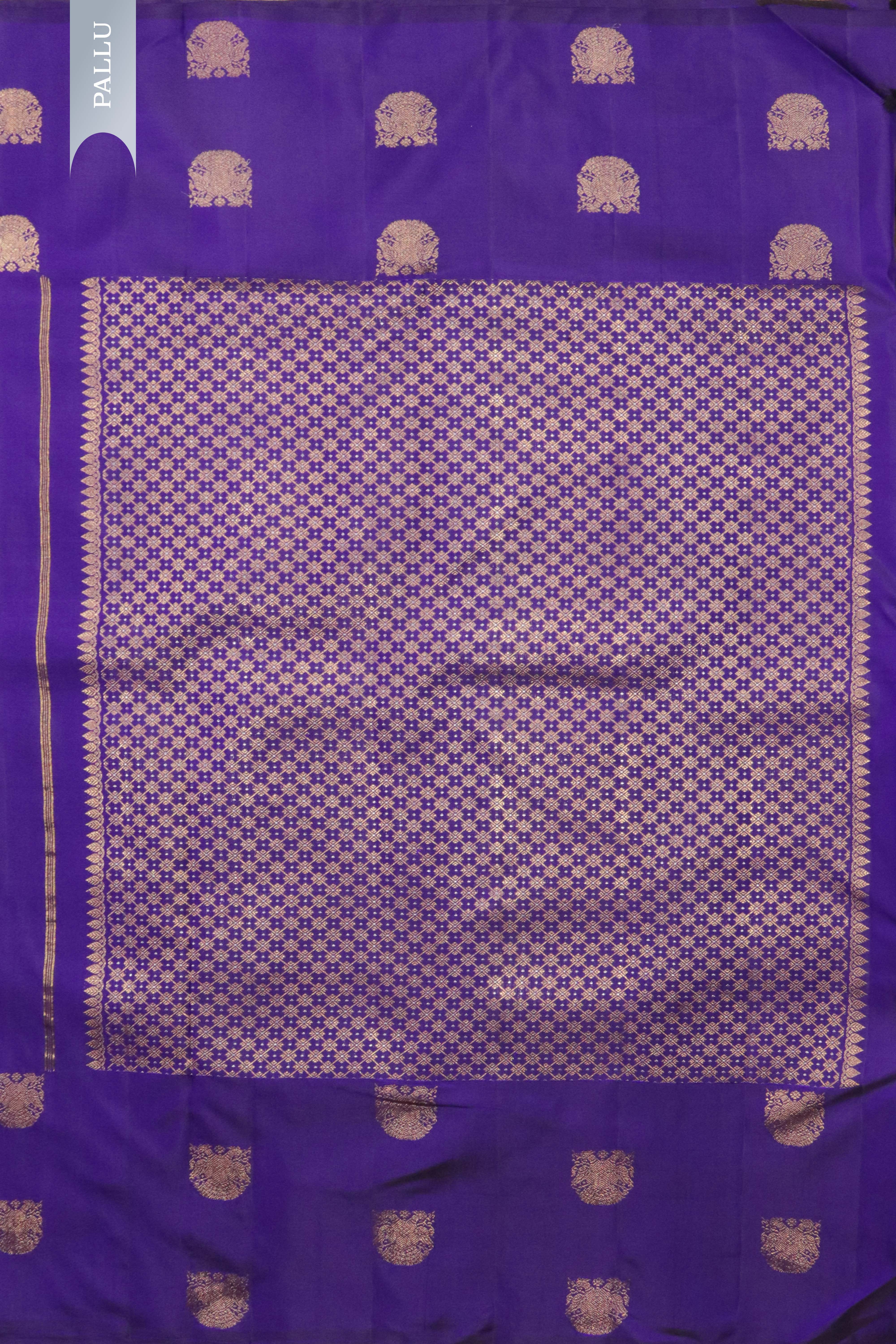 Blue Kanchipuram Silk Saree with Gold & Silver Geometrical Weaving and Zari Motif Border