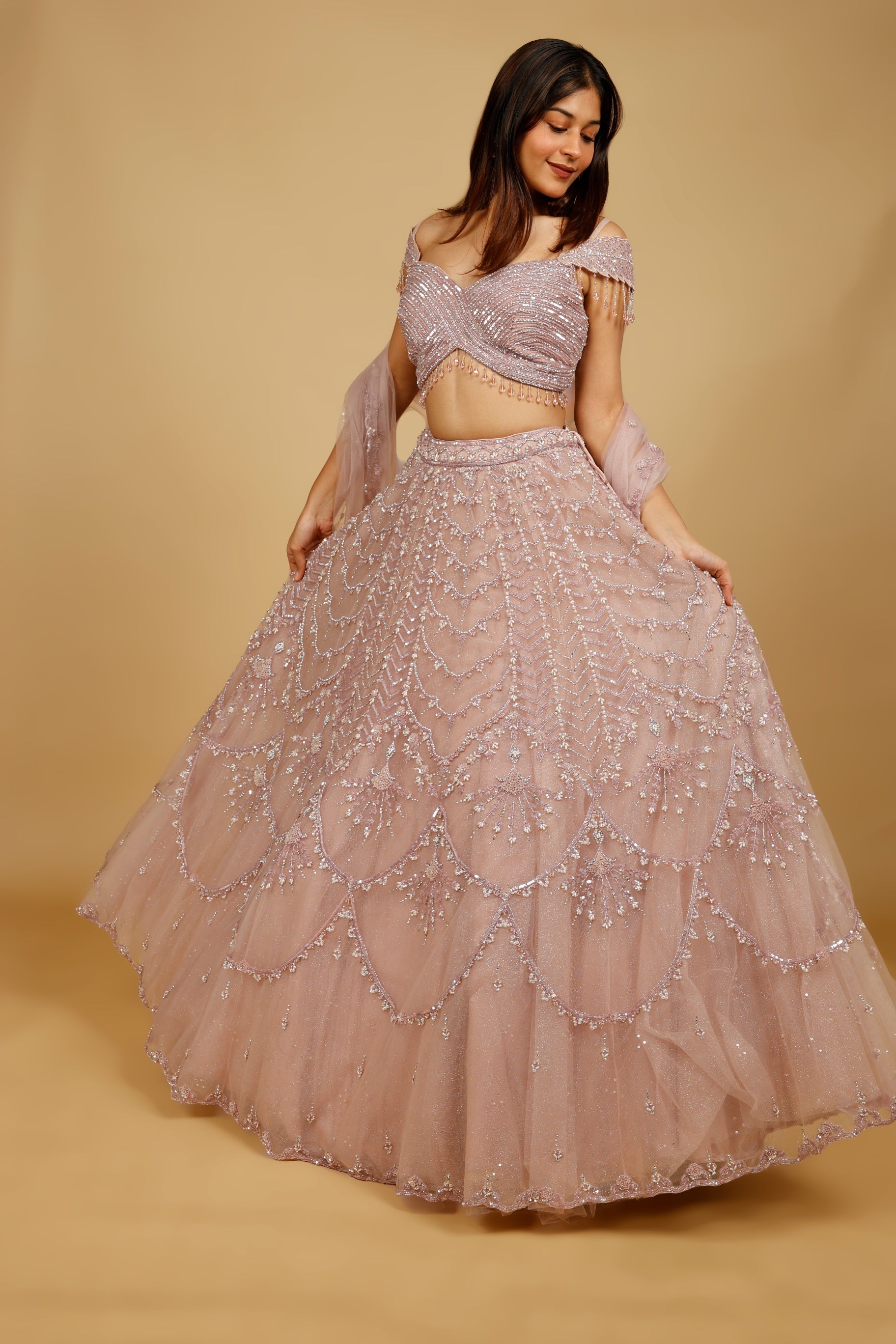 Mauve Net Lehenga Set with Sequin, Pearl & Cutdana Embroidery