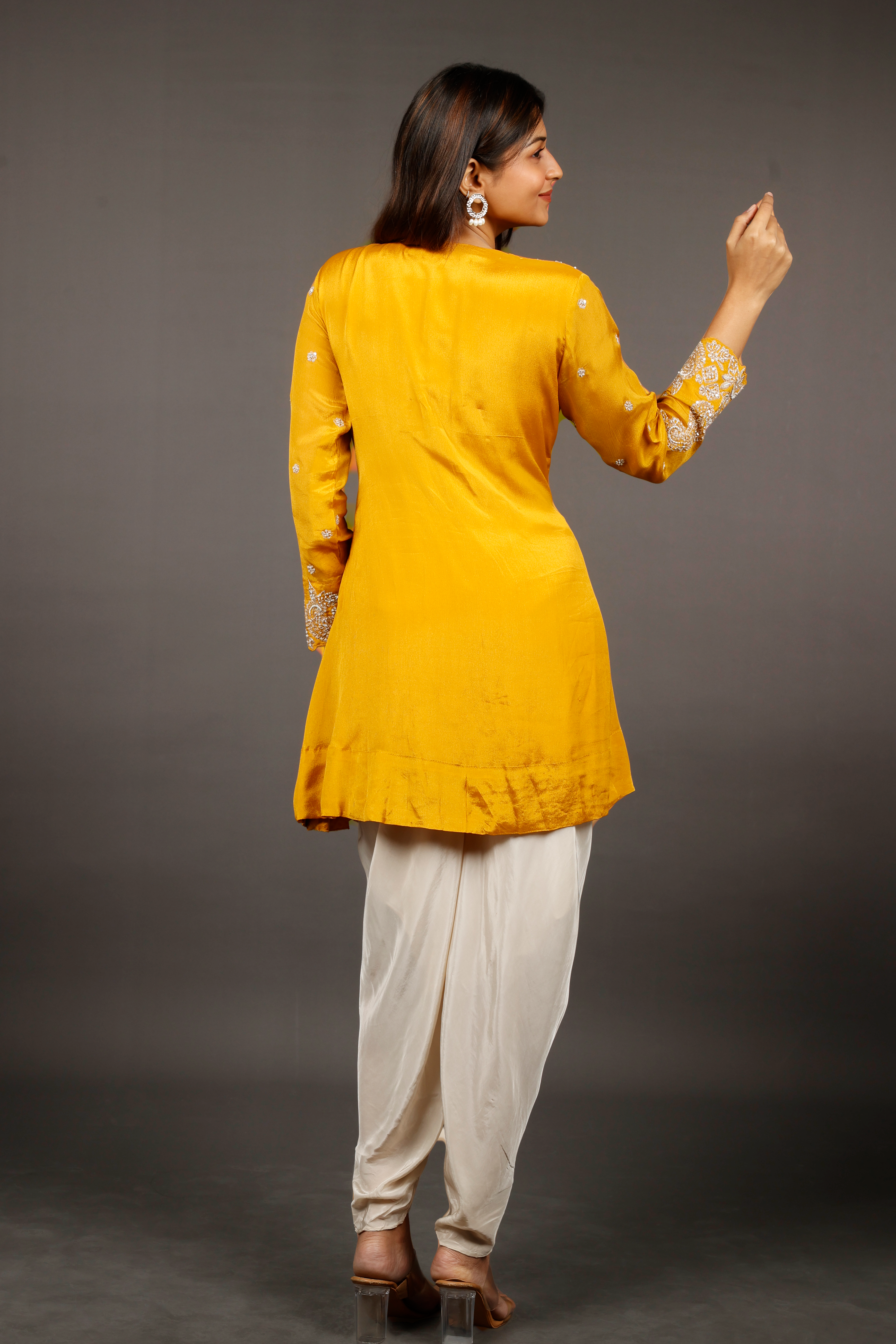 Yellow Chinon Silk Indo-Western Kurta with Cream Dhoti Pants