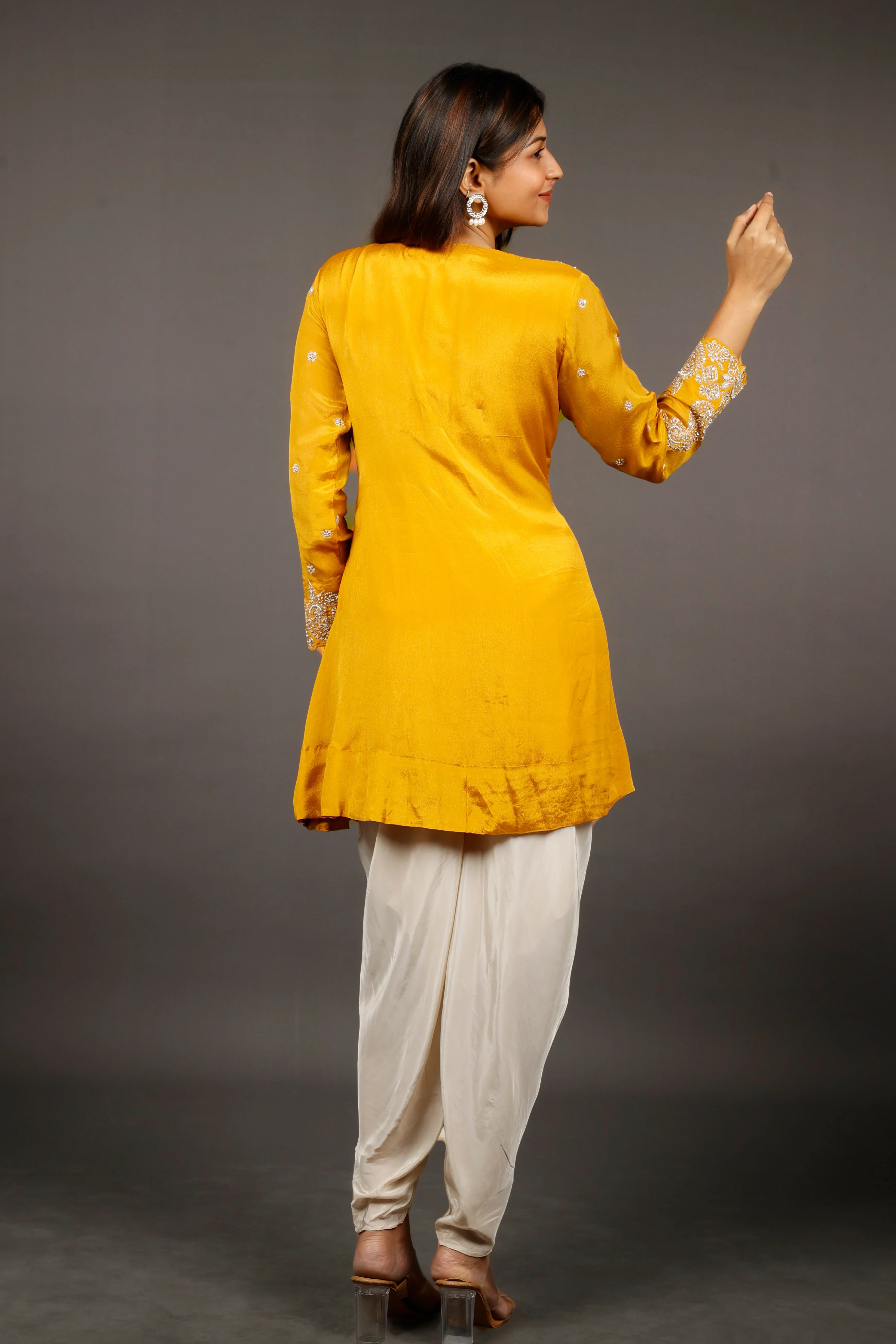 Yellow Chinon Silk Indo-Western Kurta with Cream Dhoti Pants - Mokshaa