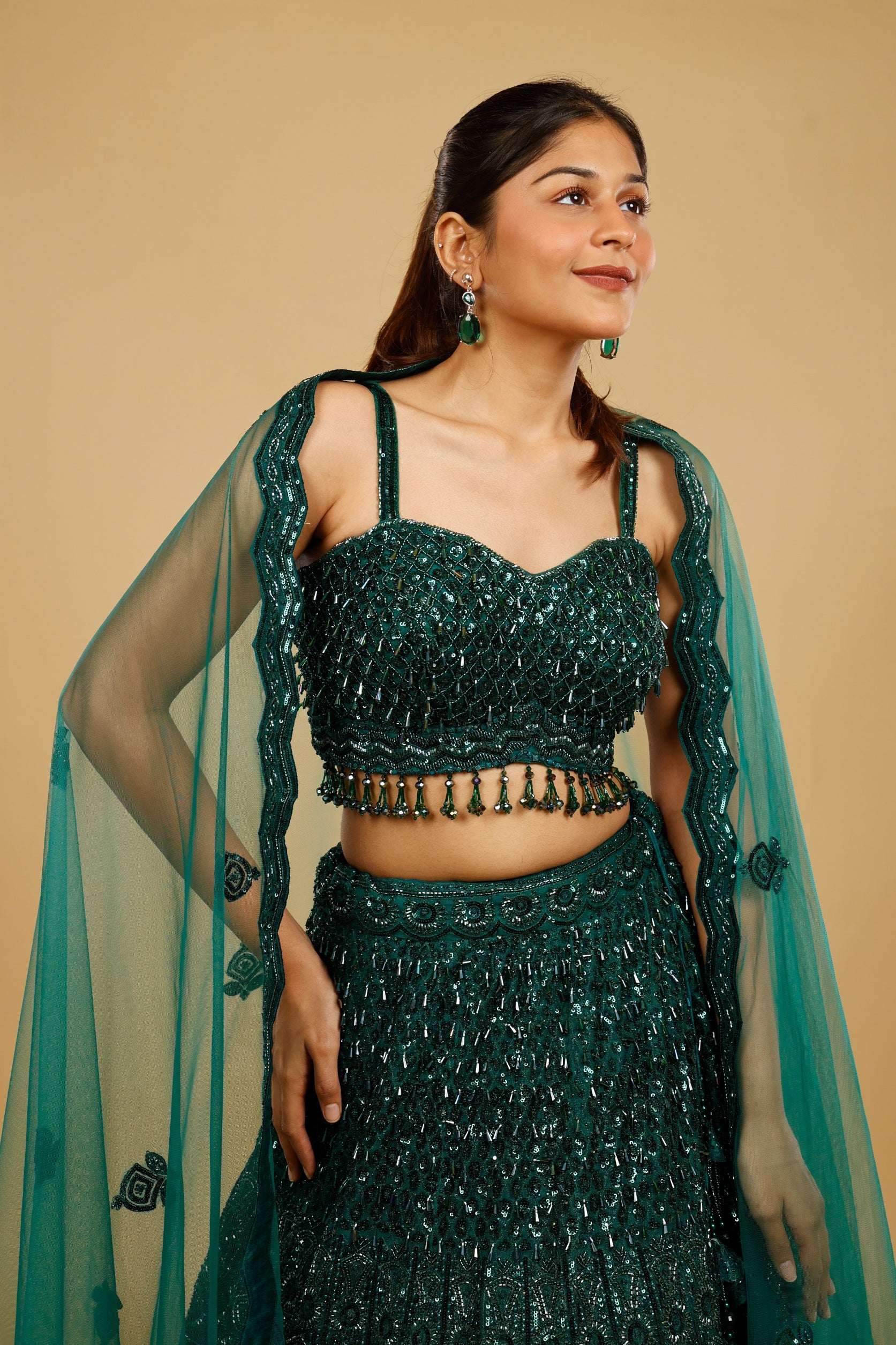Bottle Green Net Lehenga Set with Sequin, Cutdana & Pearl Embroidery