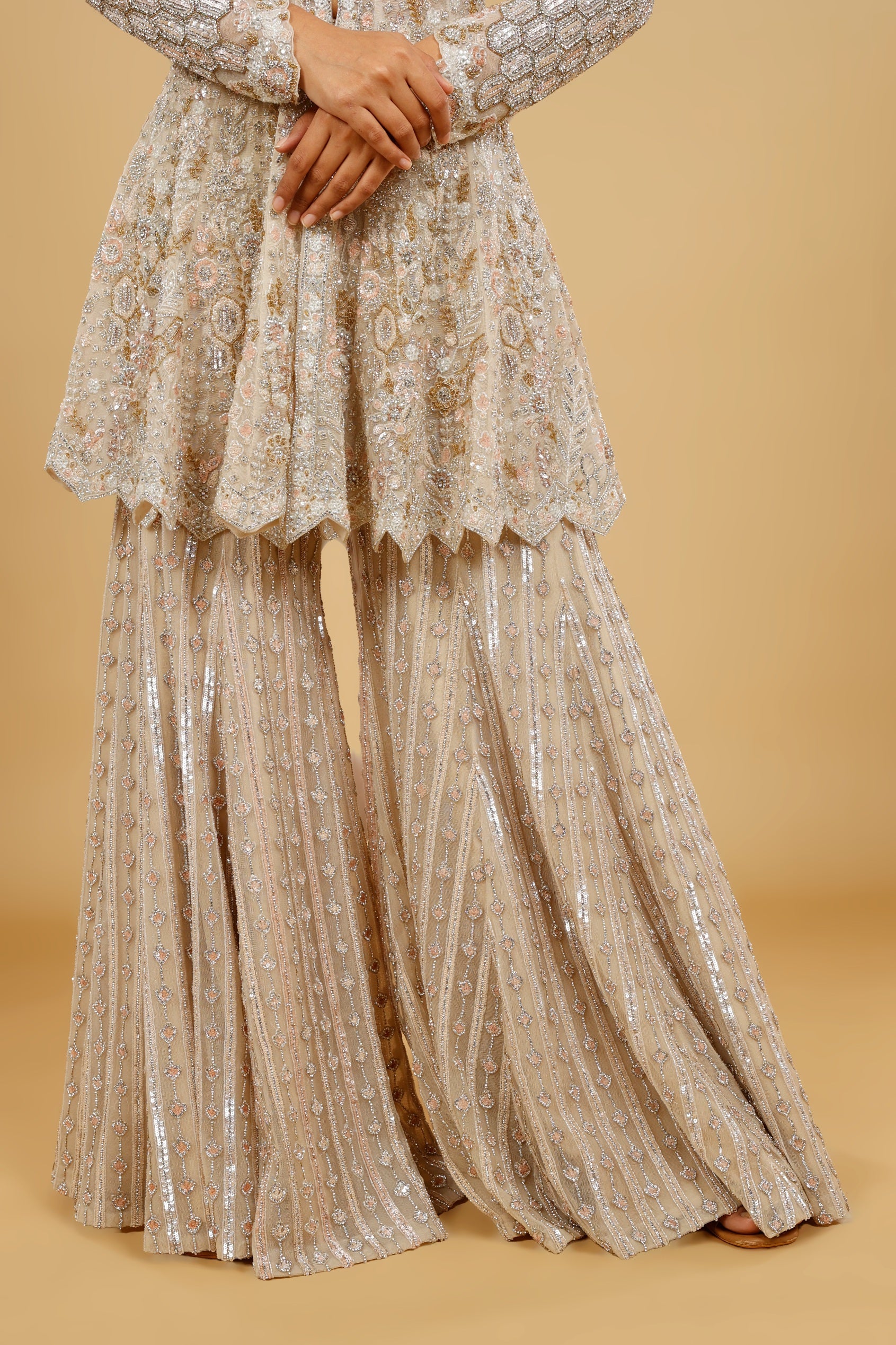 Ivory Net Sharara Set with Stone, Kundan & Sequin Embroidery