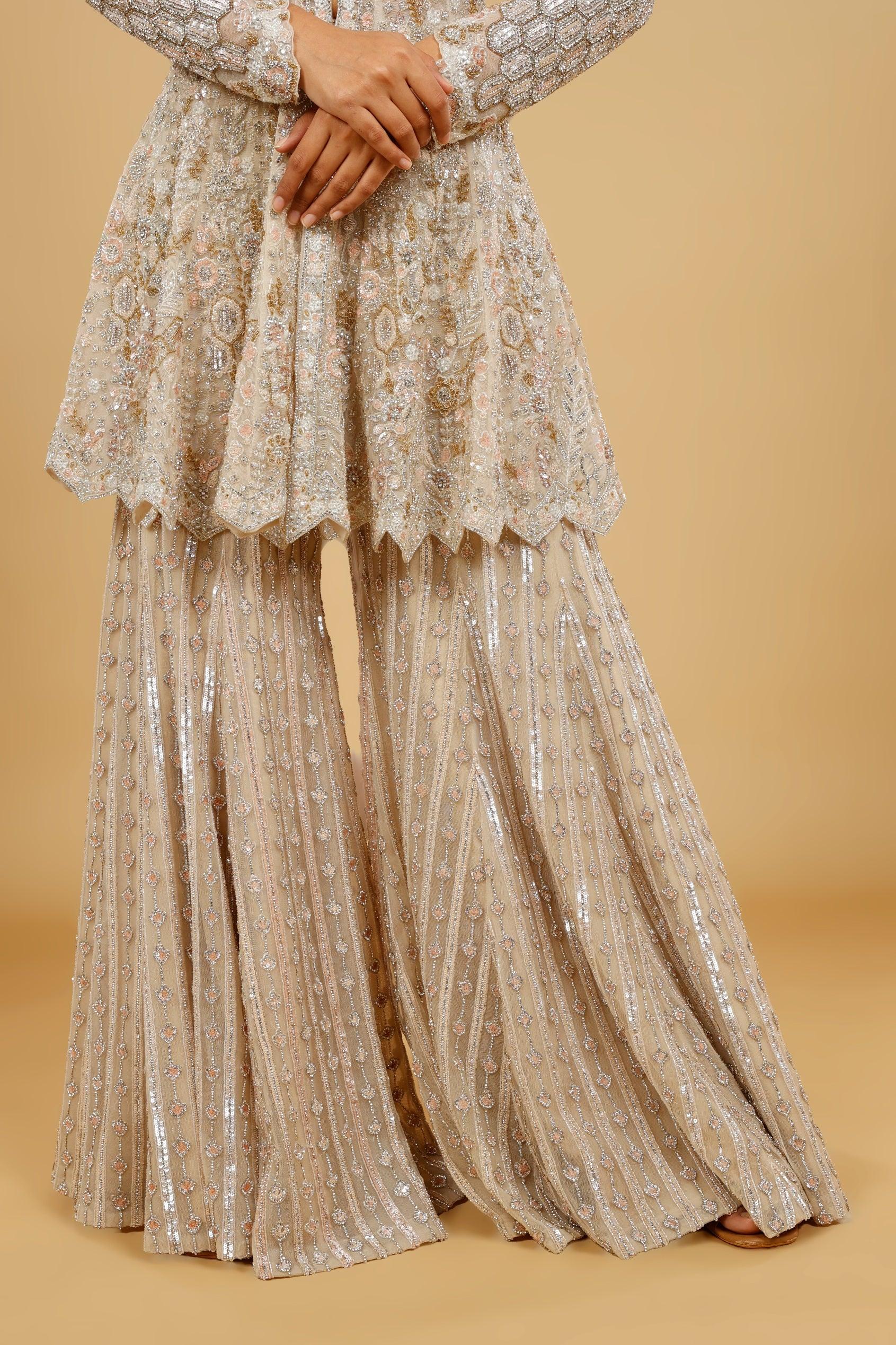 Ivory Net Sharara Set with Stone, Kundan & Sequin Embroidery