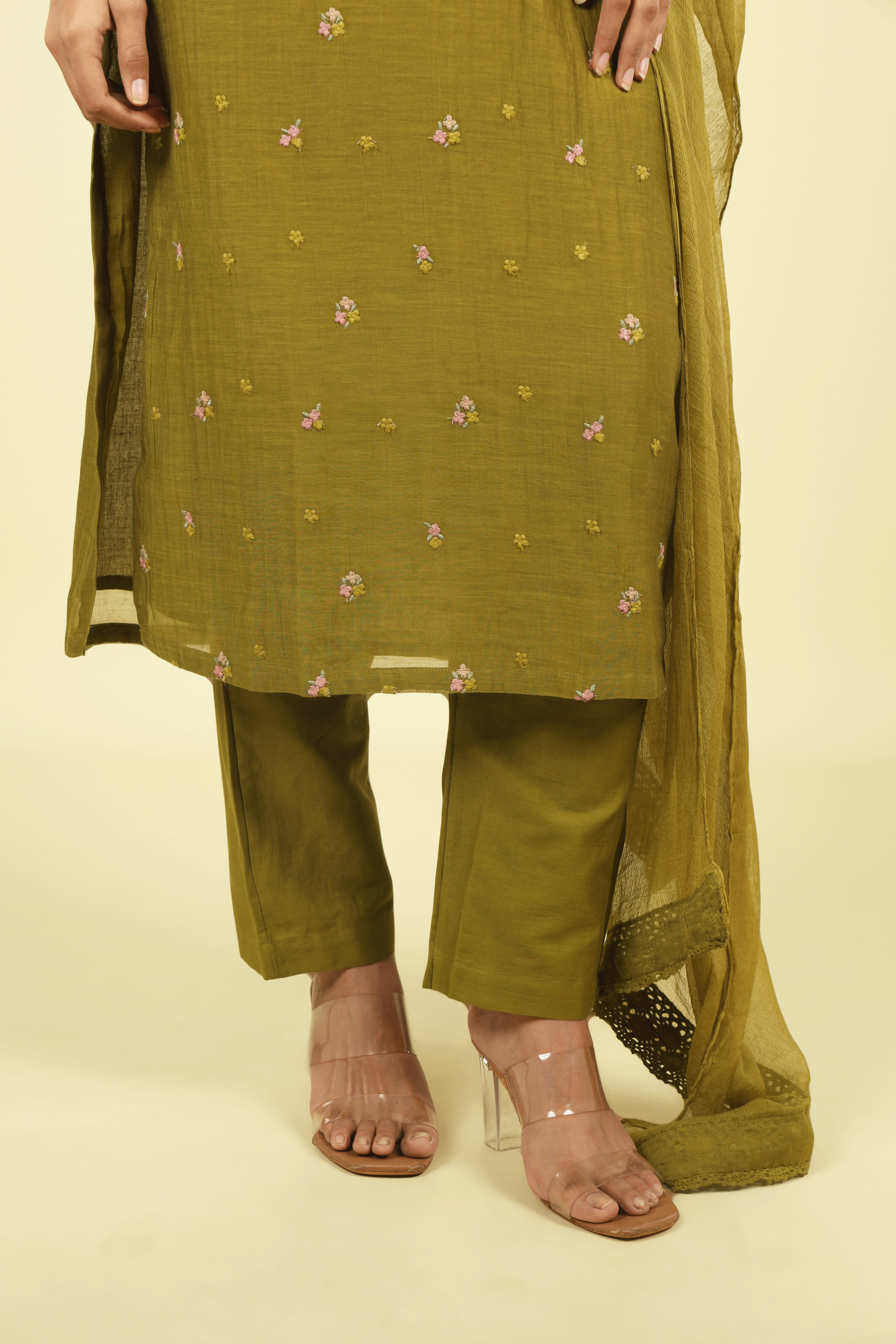Olive Green Mul Chanderi Straight Cut Salwar Set with Chiffon Dupatta