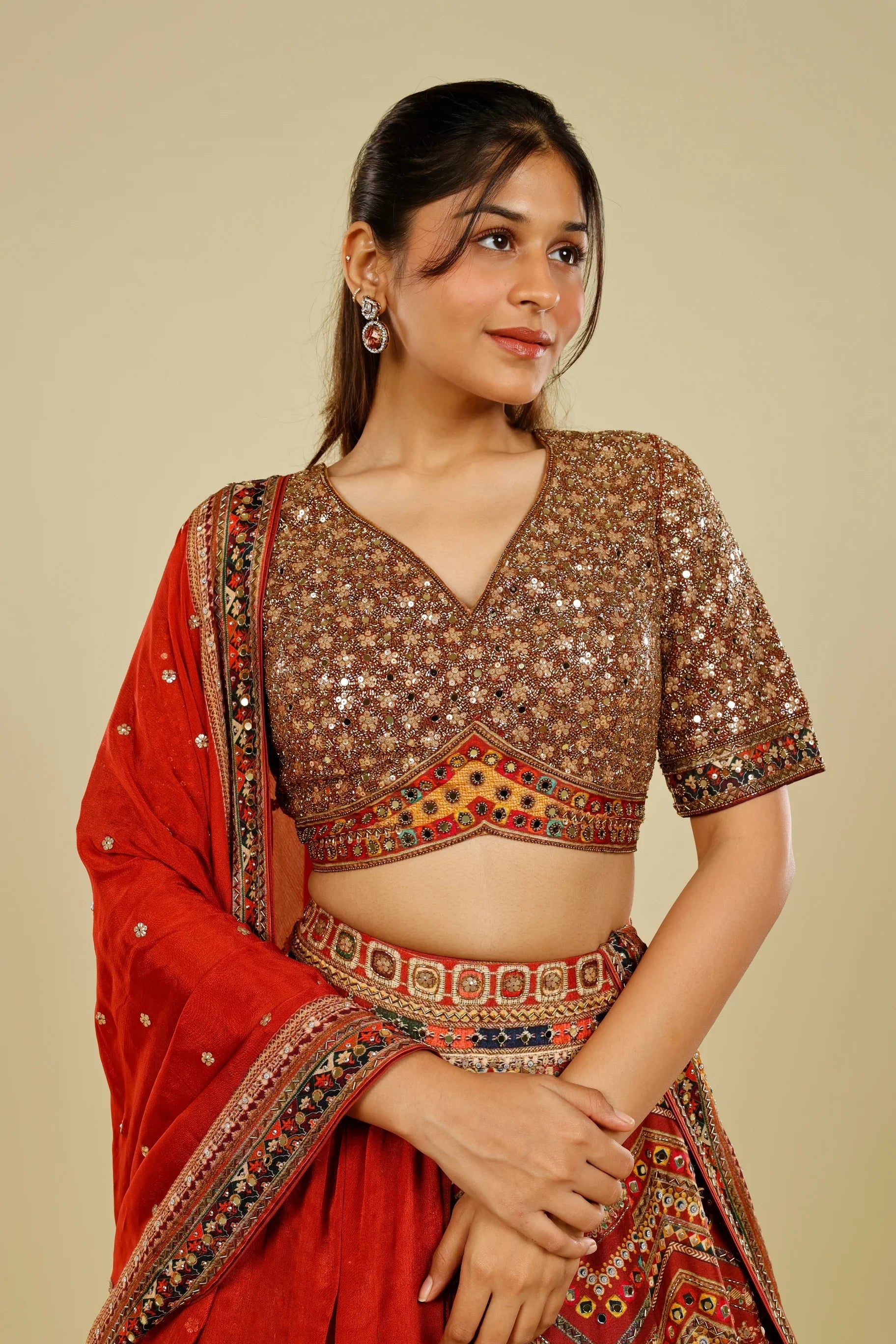 Rust Printed Silk Lehenga Set with Sequin & Kutdana Embroidery | Mokshaa