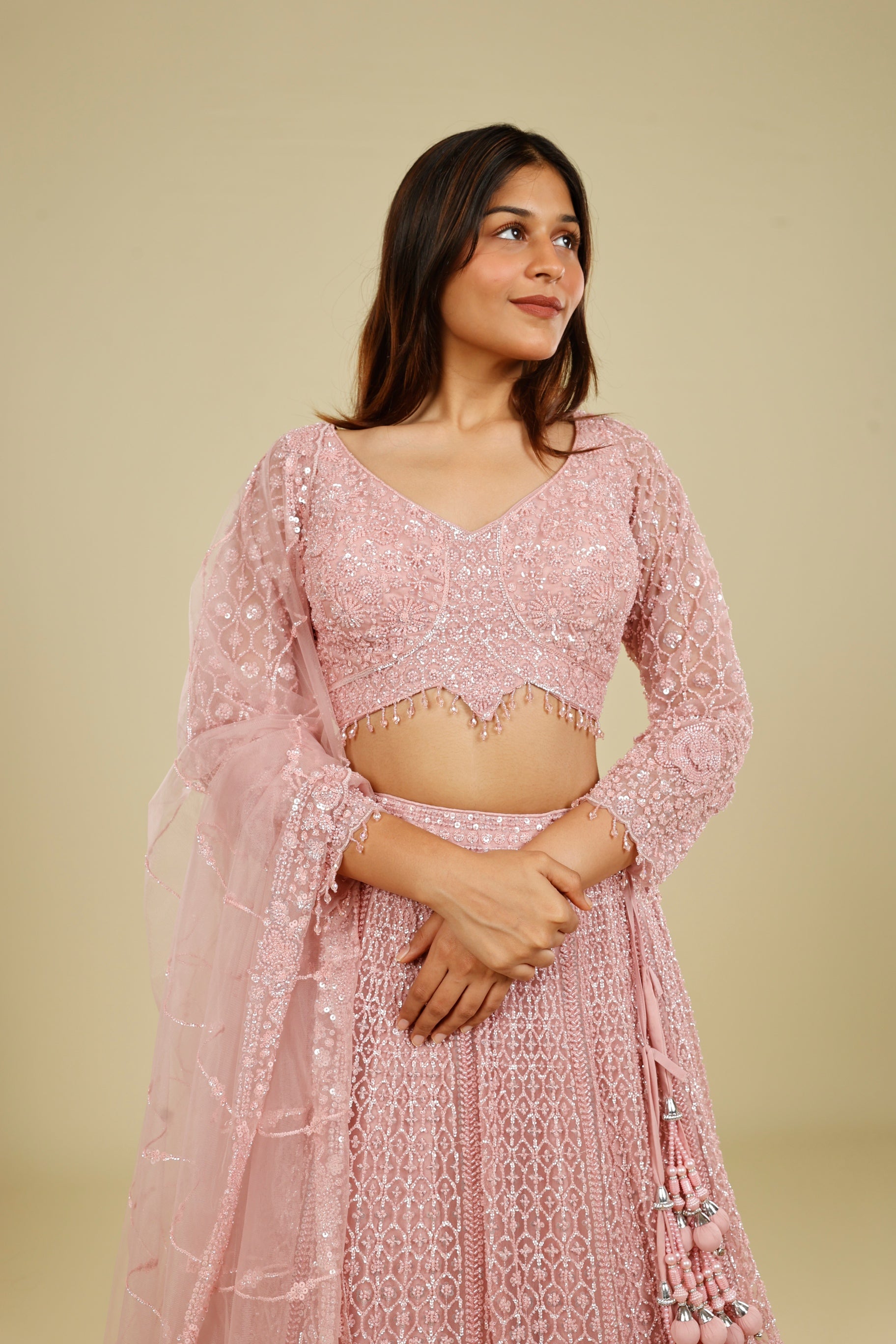 Blush Pink Net Lehenga Set with Pearl, Sequin & Cutdana Embroidery