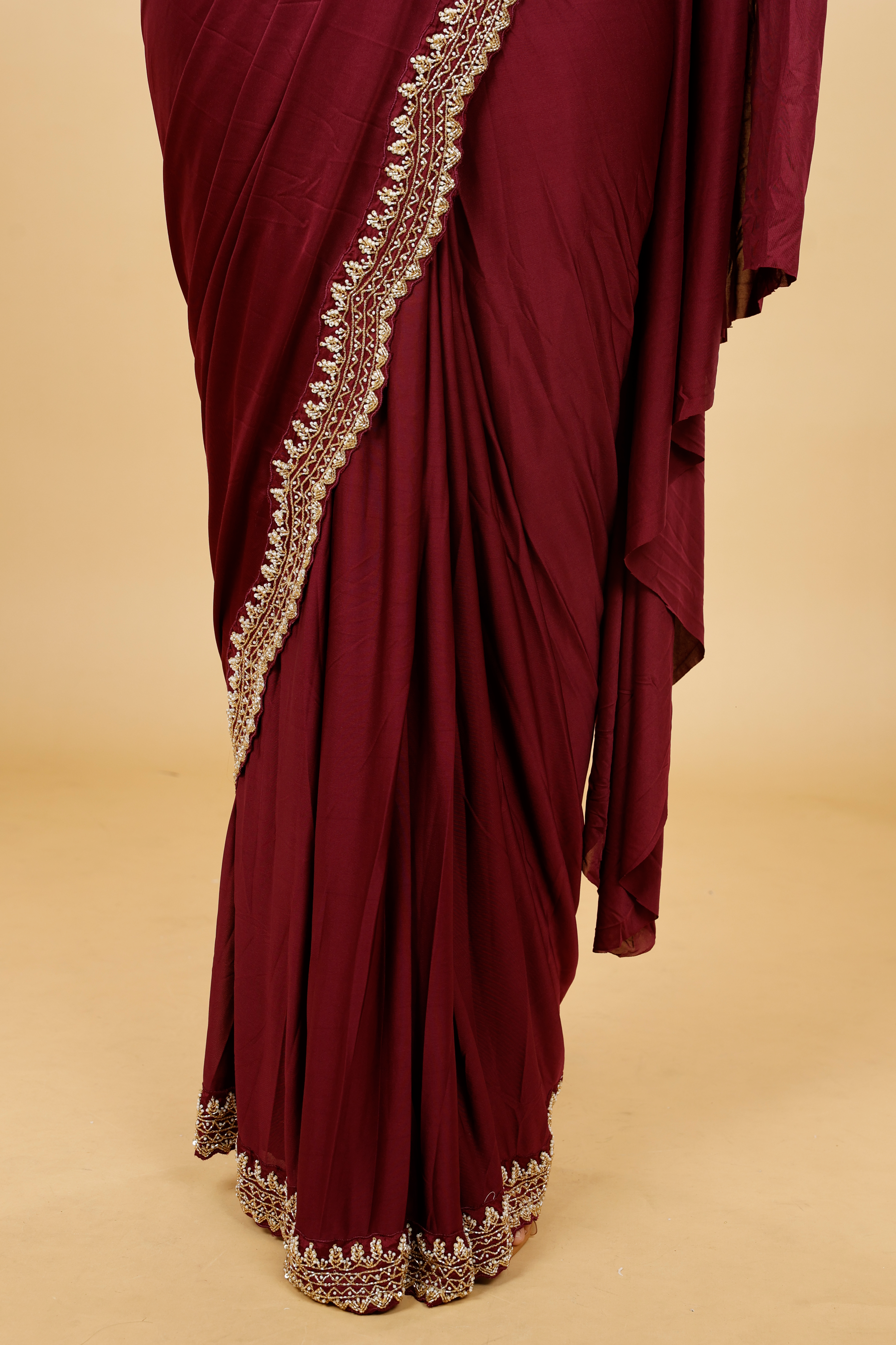 Maroon Satin Lycra Drape Saree with Pearl & Cutdana Embroidery