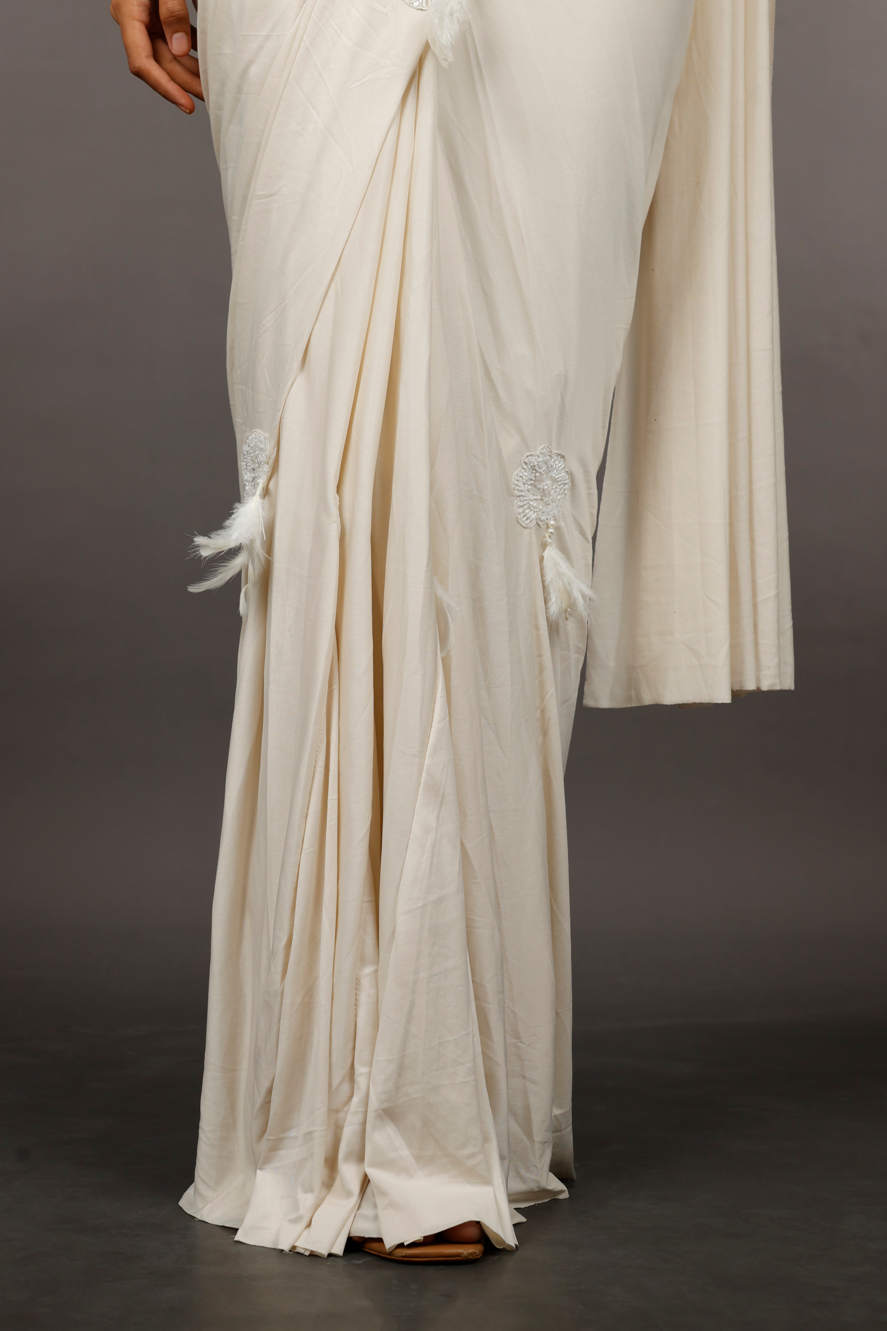 Ivory Lycra Silk Drape Saree with Feather and Pearl Embroidery
