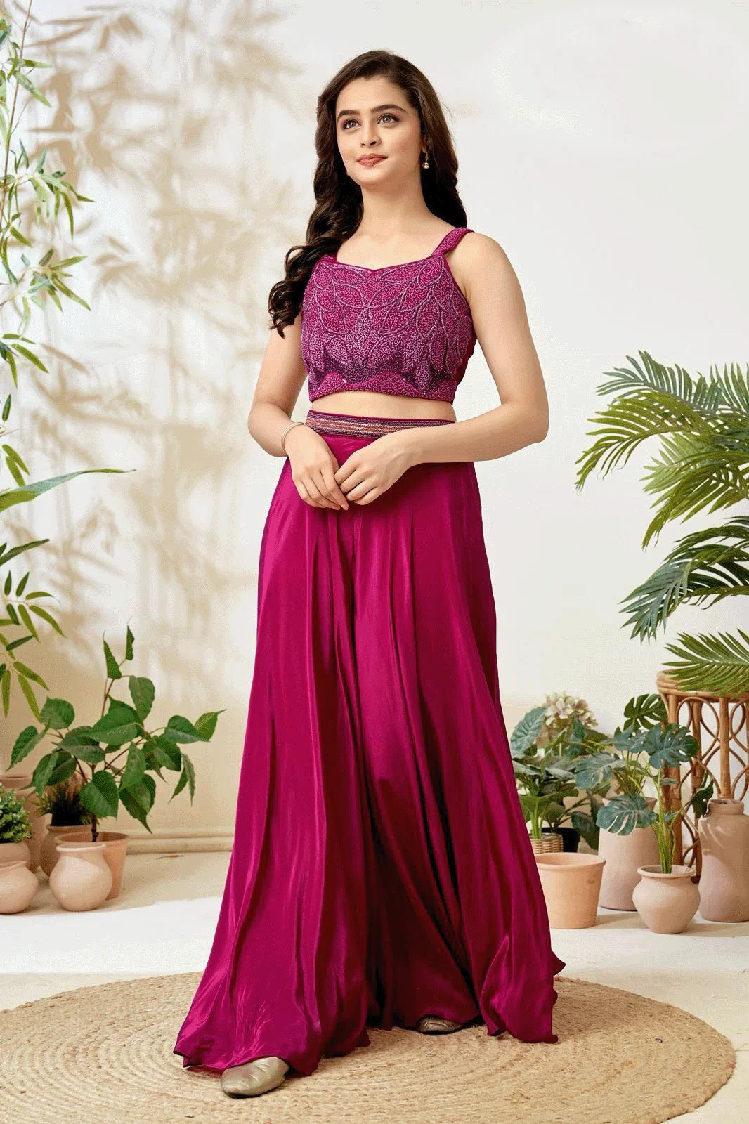 Magenta Palazzo Set with Beaded Crop Top | Mokshaa