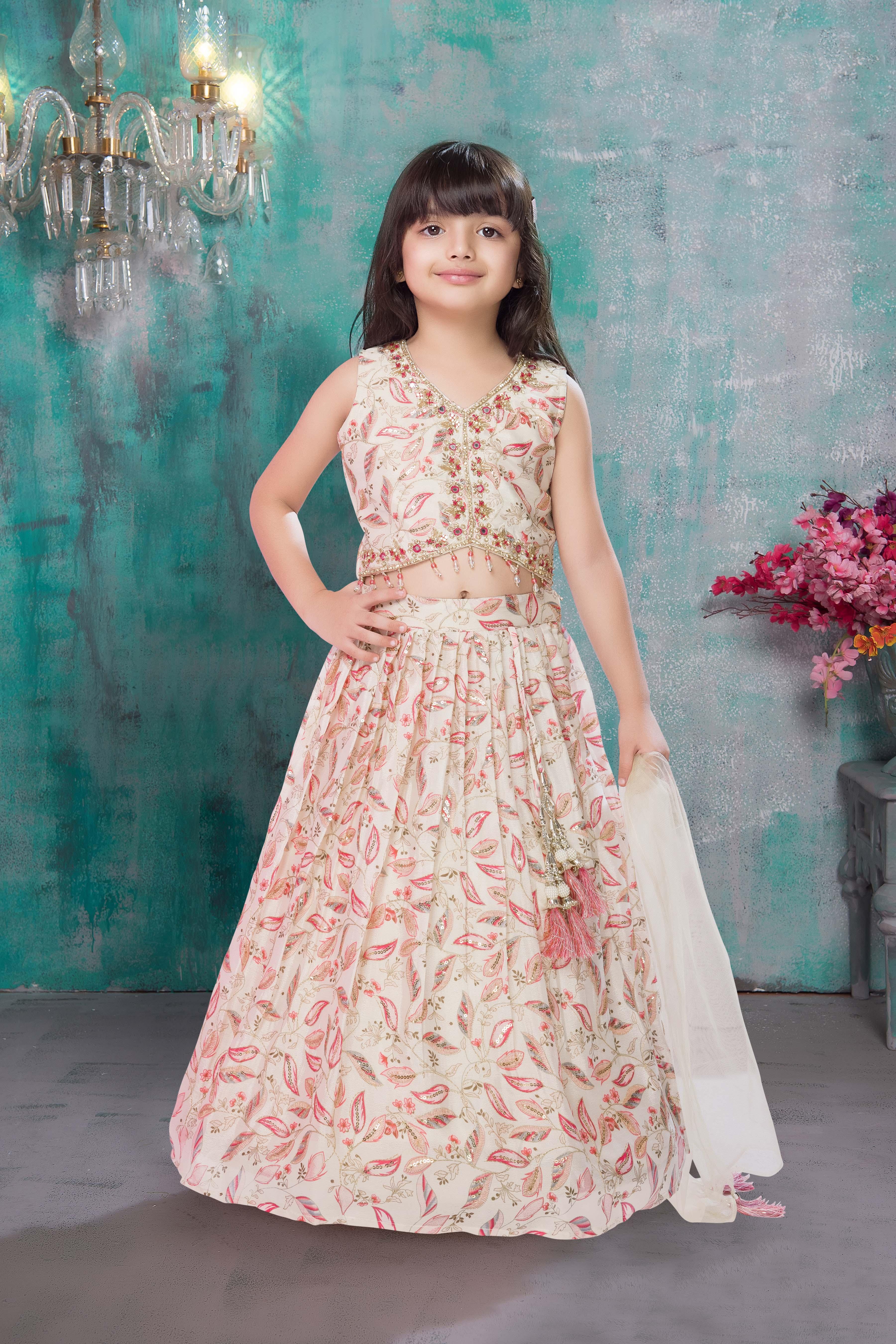 Cream & Rani Pink Printed Lehenga Set with Embroidered Blouse | Mokshaa