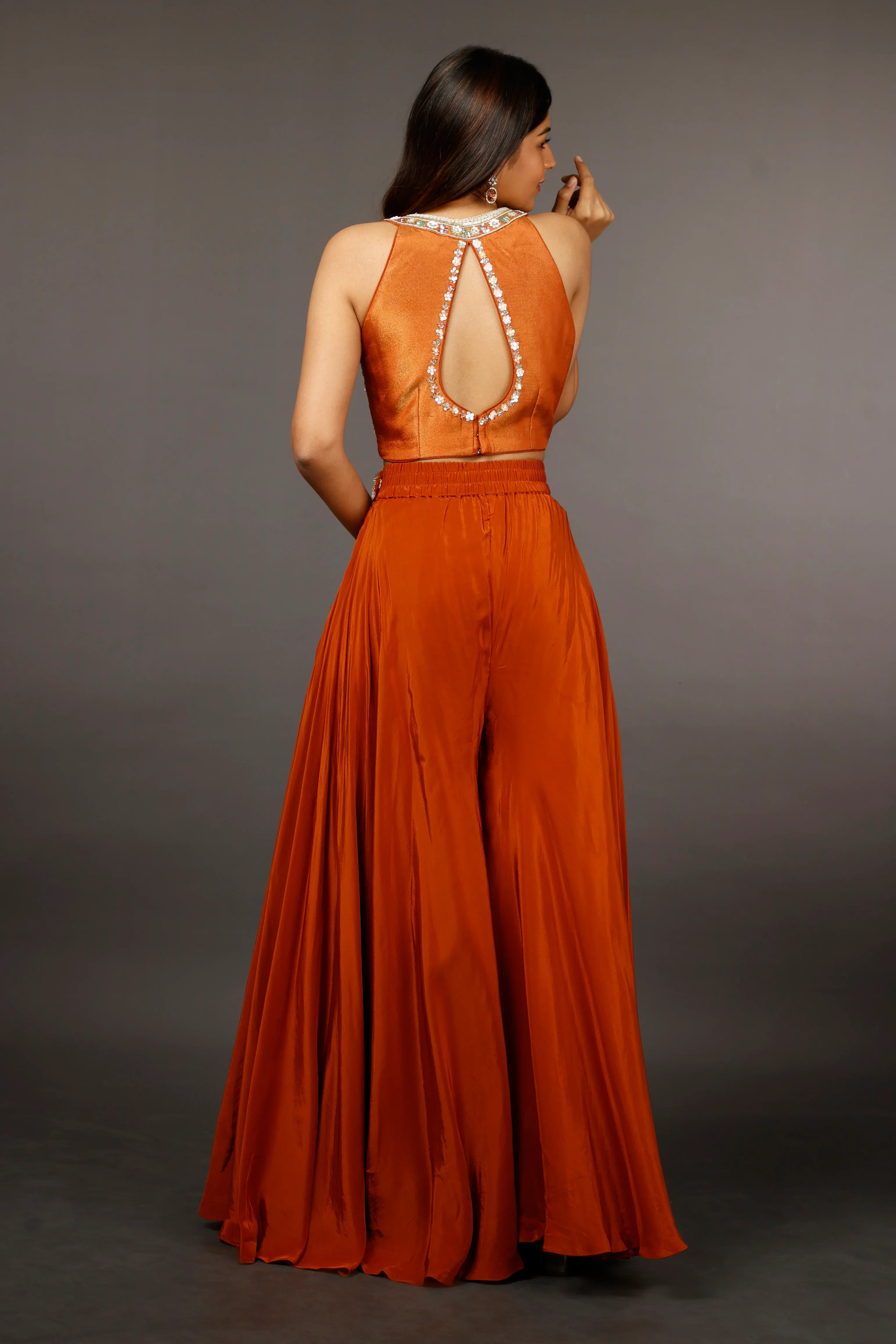 Rust Orange Crepe Silk Crop Top with Palazzo, Tissue Halter Blouse - Mokshaa