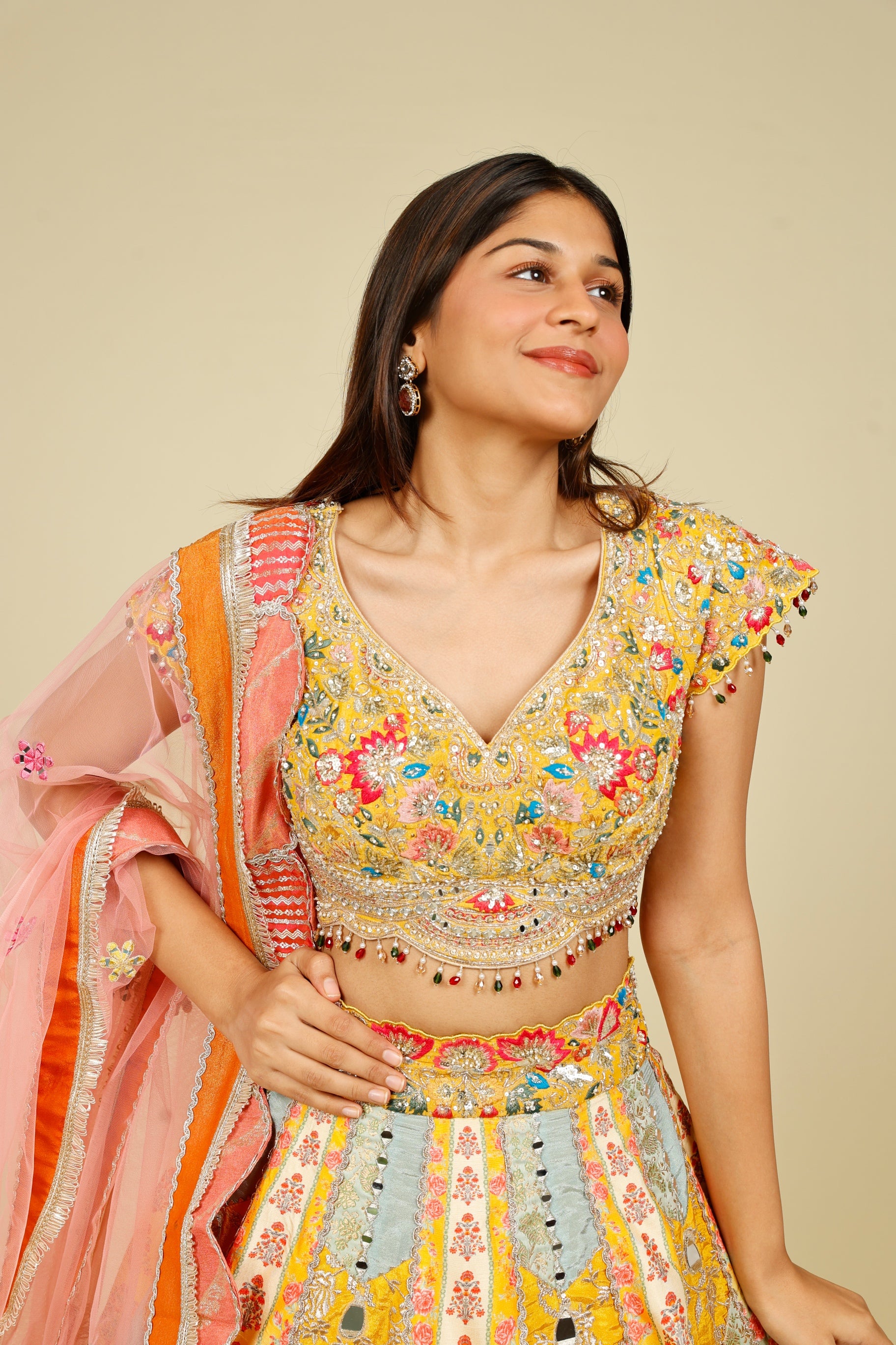 Multicolour Printed Silk Patchwork Lehenga Set with Mirror & Zari Embroidery | Mokshaa