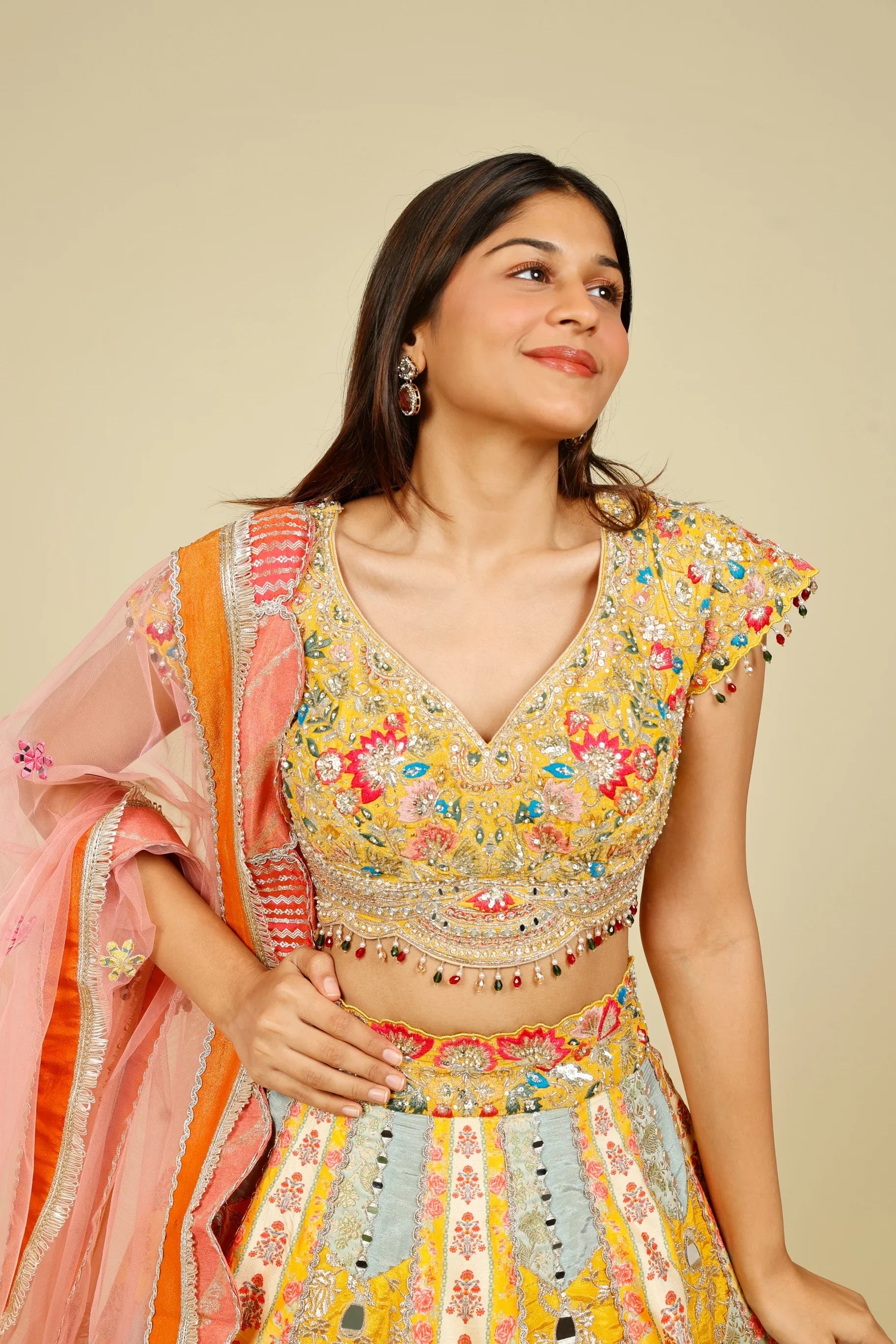 Multicolour Printed Silk Patchwork Lehenga Set with Mirror & Zari Embroidery | Mokshaa