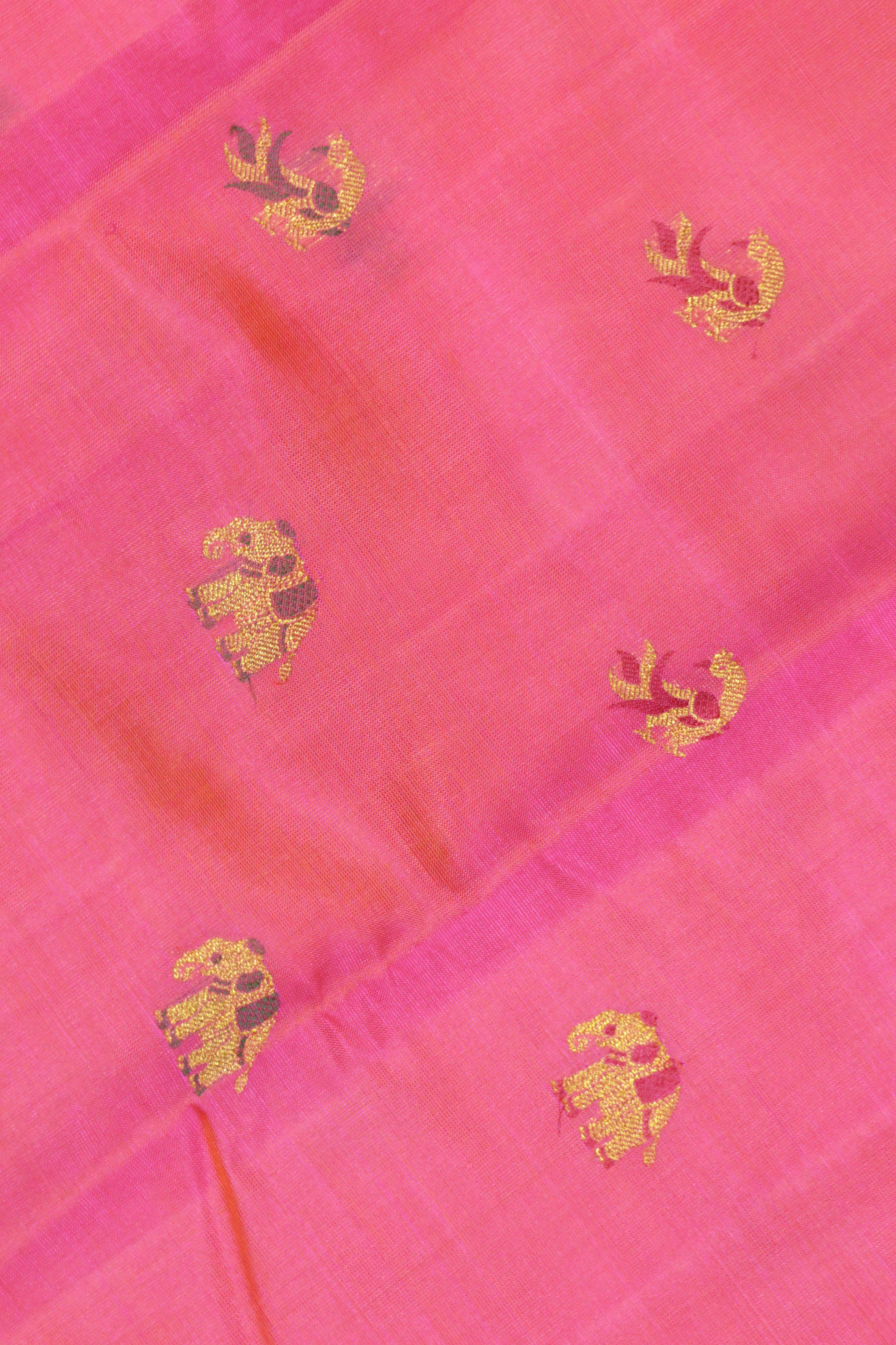 Shaded Pink Kanchipuram Silk Saree with Peacock & Elephant Motifs and Fancy Border