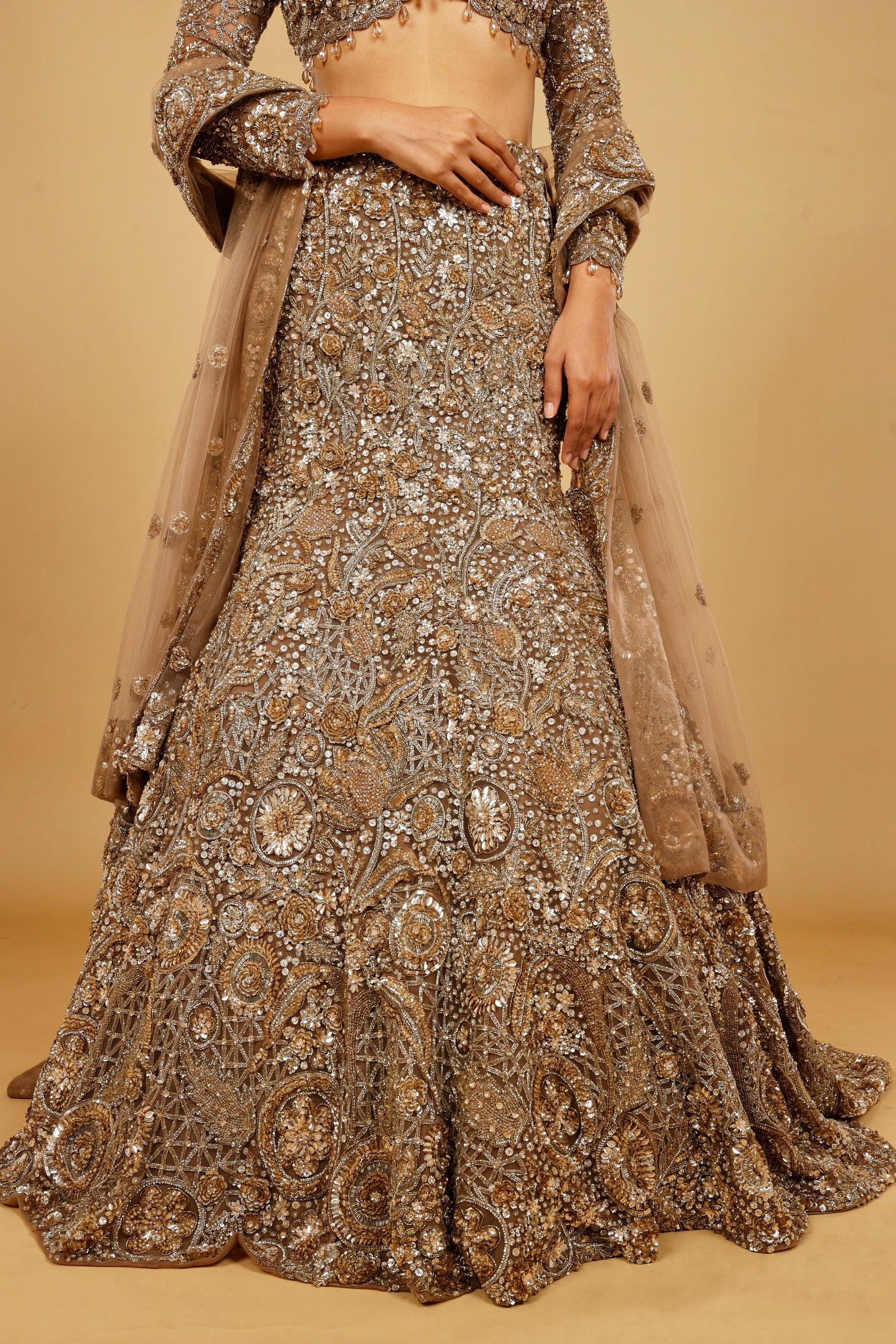 Dark Gold Net Mermaid Lehenga Set with Sequin, Stone & Kutdana Embroidery