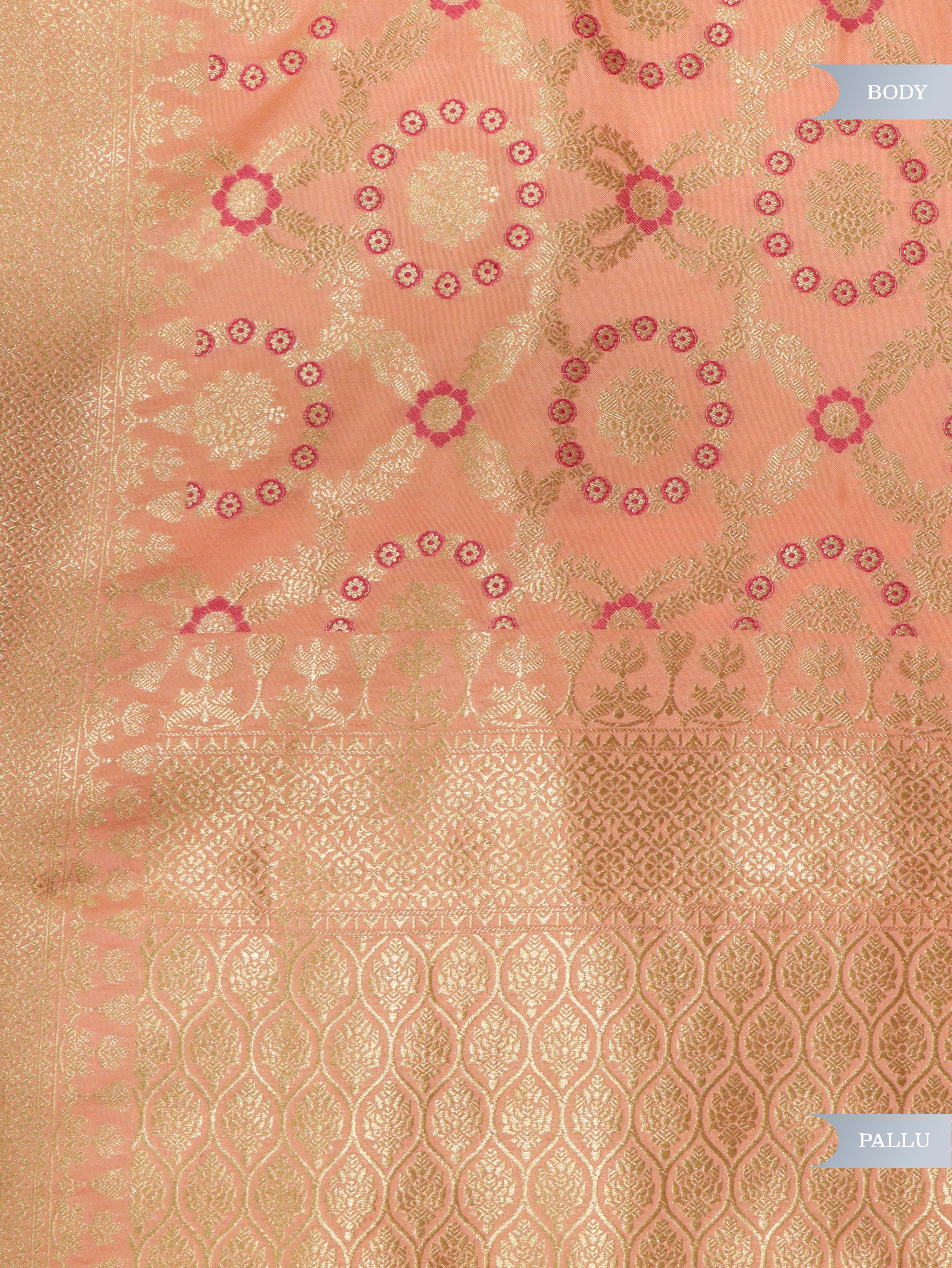 Peach Banarasi Silk Saree with All-Over Zari & Thread Weaving