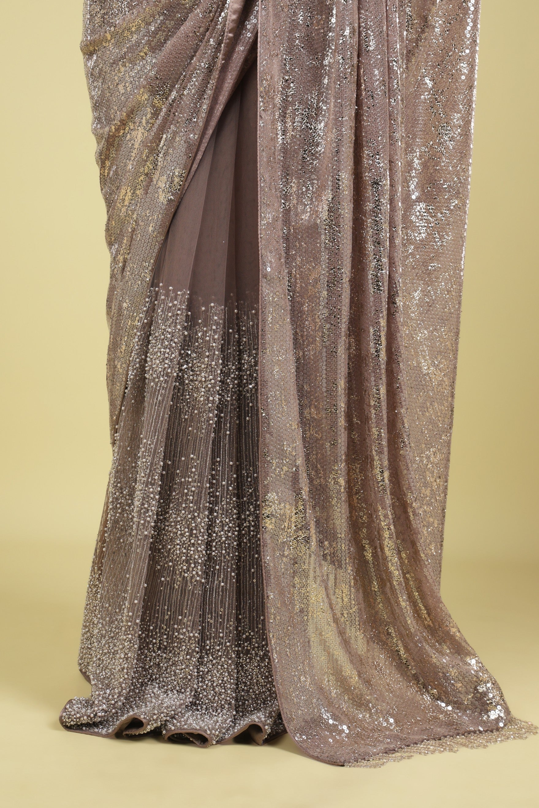 Lavender Half-and-Half Georgette & Net Saree with Sequin, Bead & Pearl Work