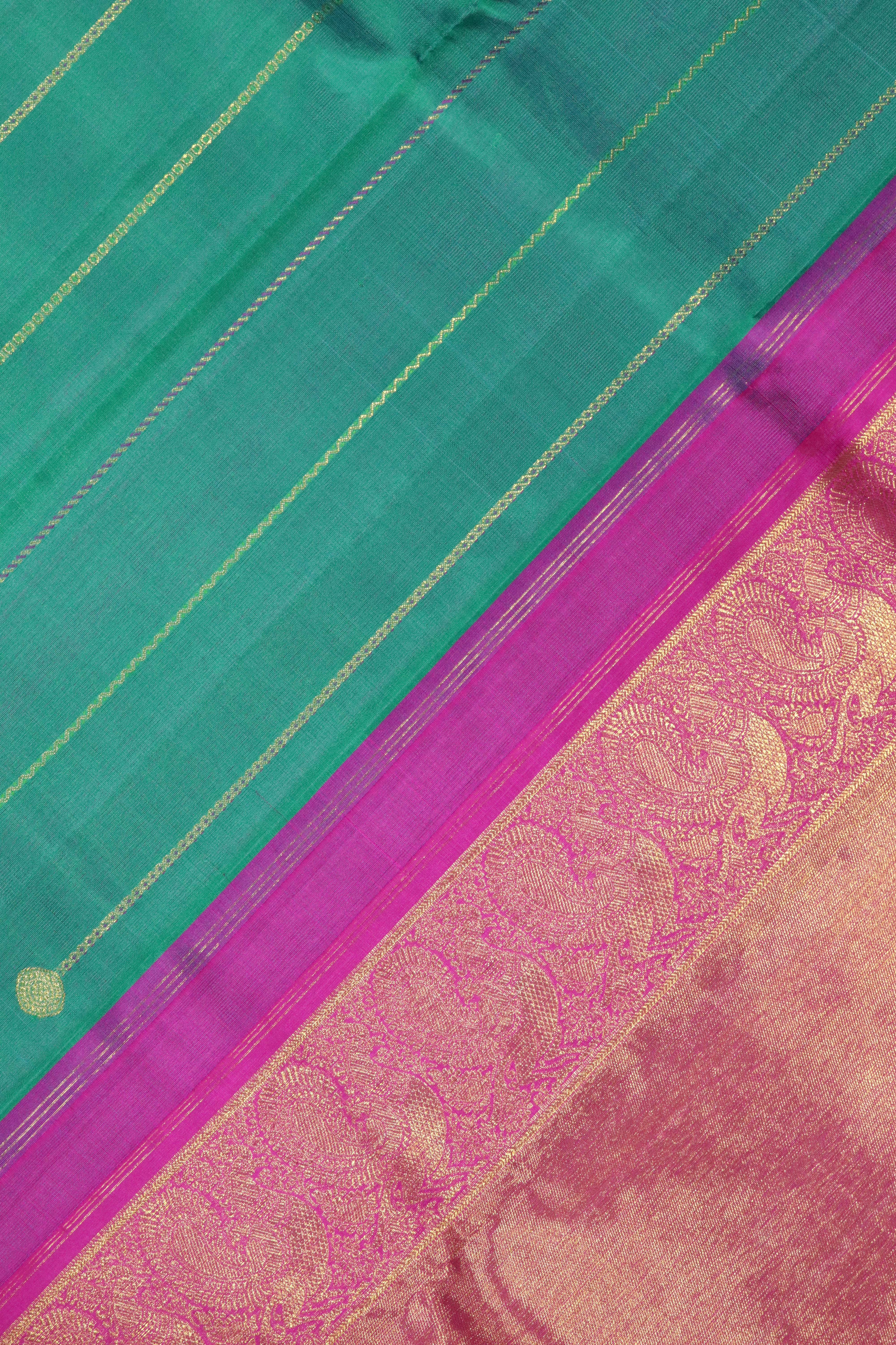 Turquoise Blue Kanchipuram Silk Saree with Zari Stripes, Buttas & Contrast Border