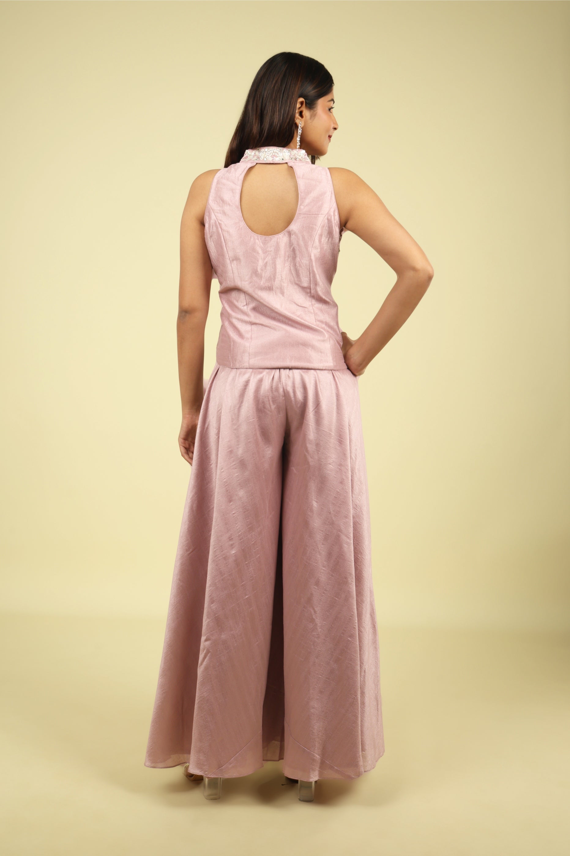 Pink Embroidered Silk Top With Palazzo