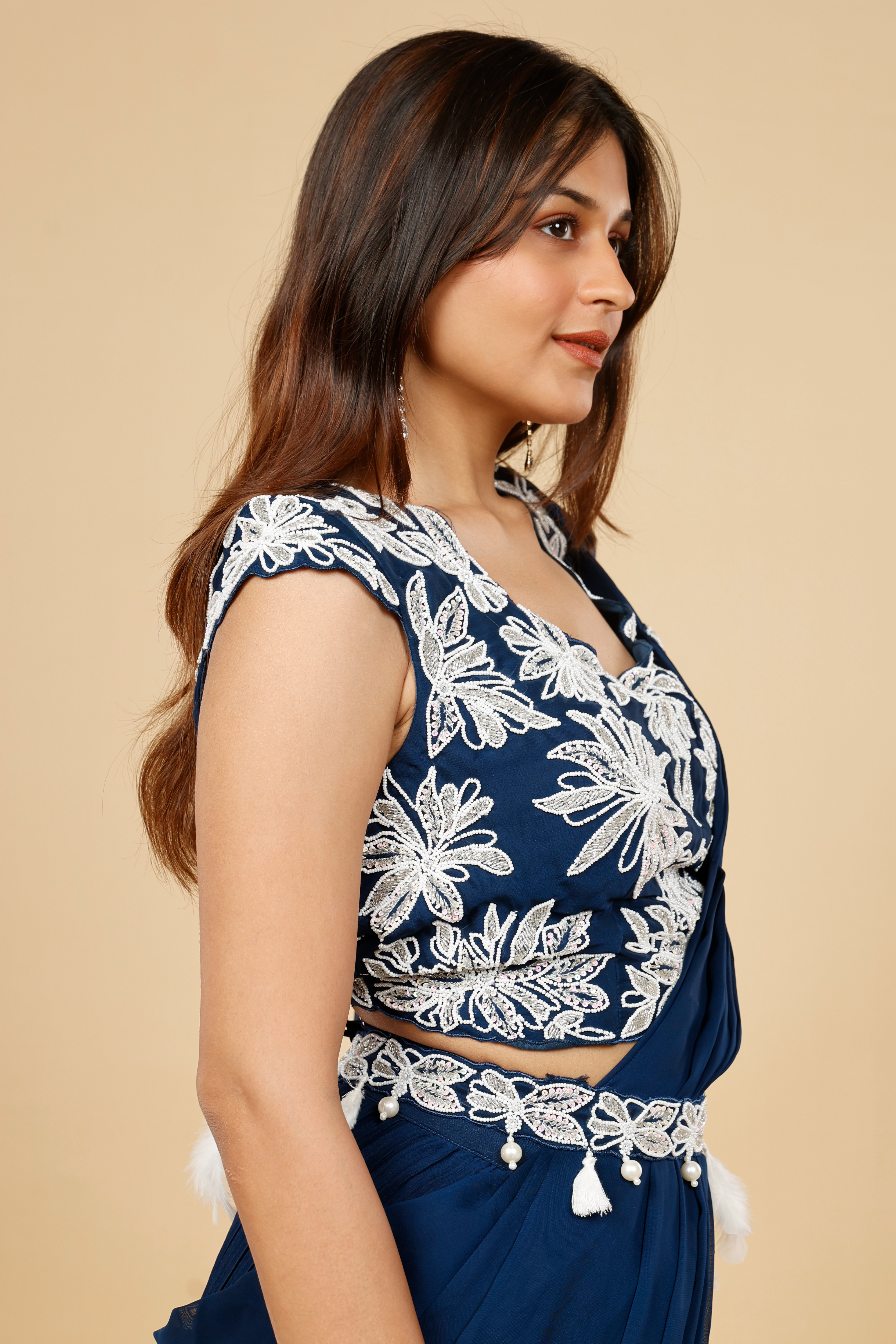 Navy Blue Organza Drape Saree with Kutdana & Pearl Embroidery