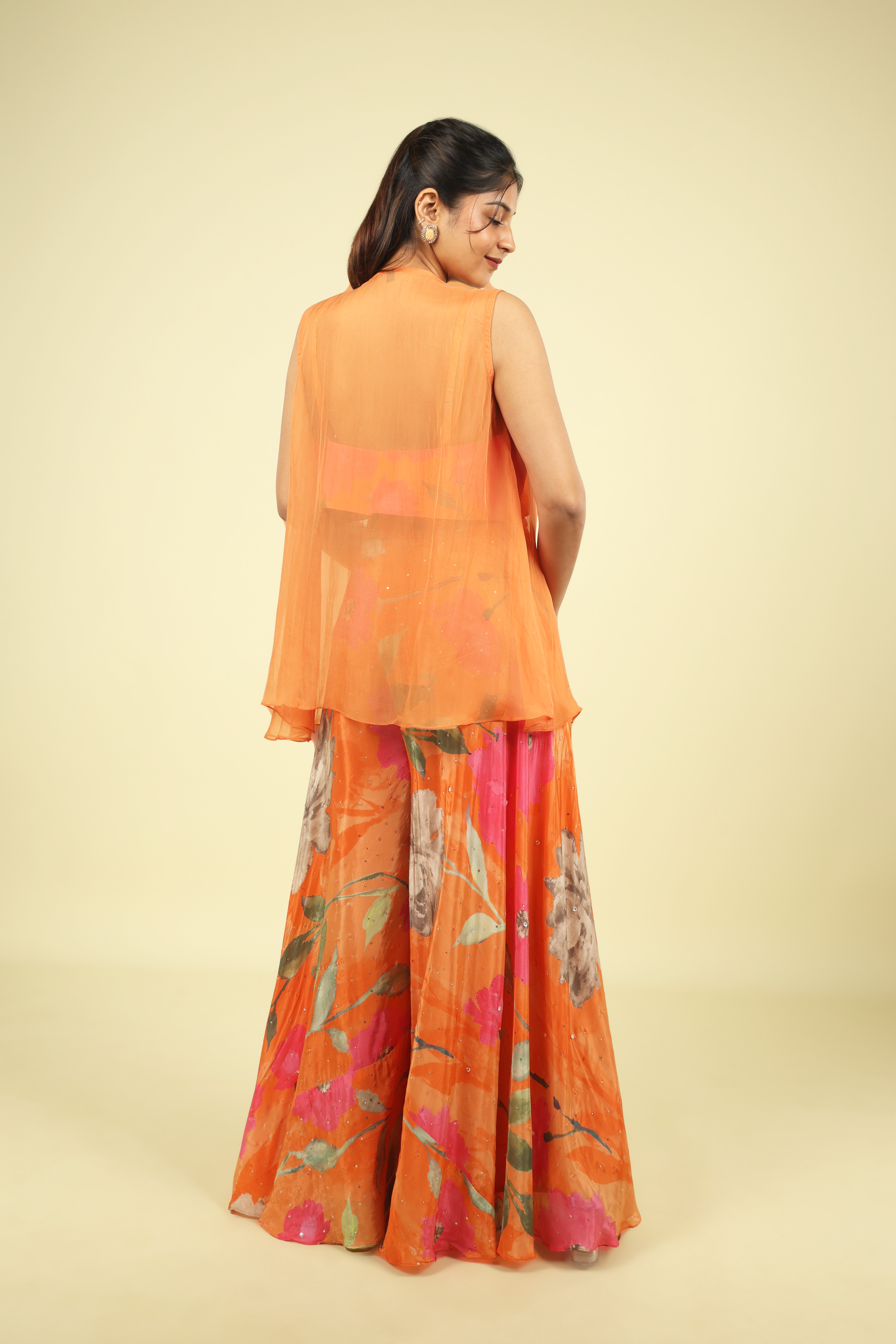 Orange Multi-Colour Printed Crepe Palazzo Set with Organza Jacket