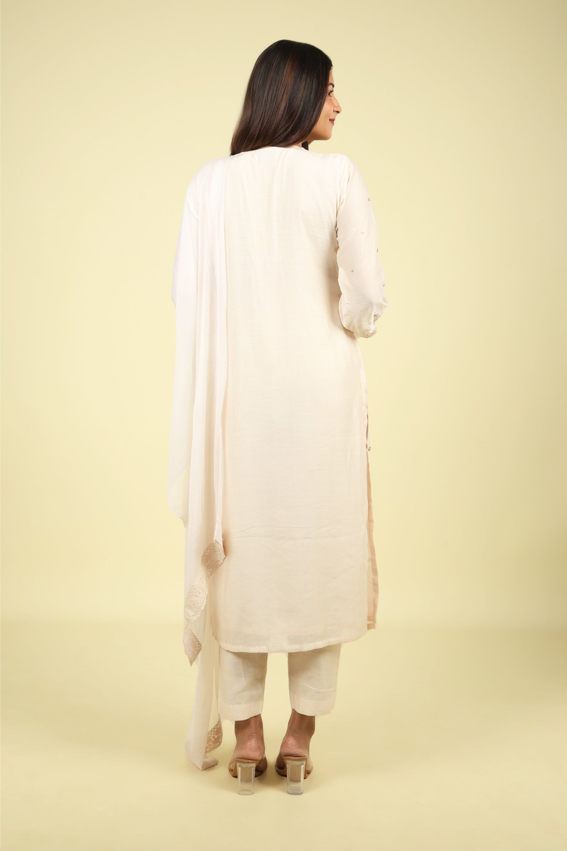 Cream Mul Chanderi Straight Cut Salwar Suit with Chiffon Dupatta