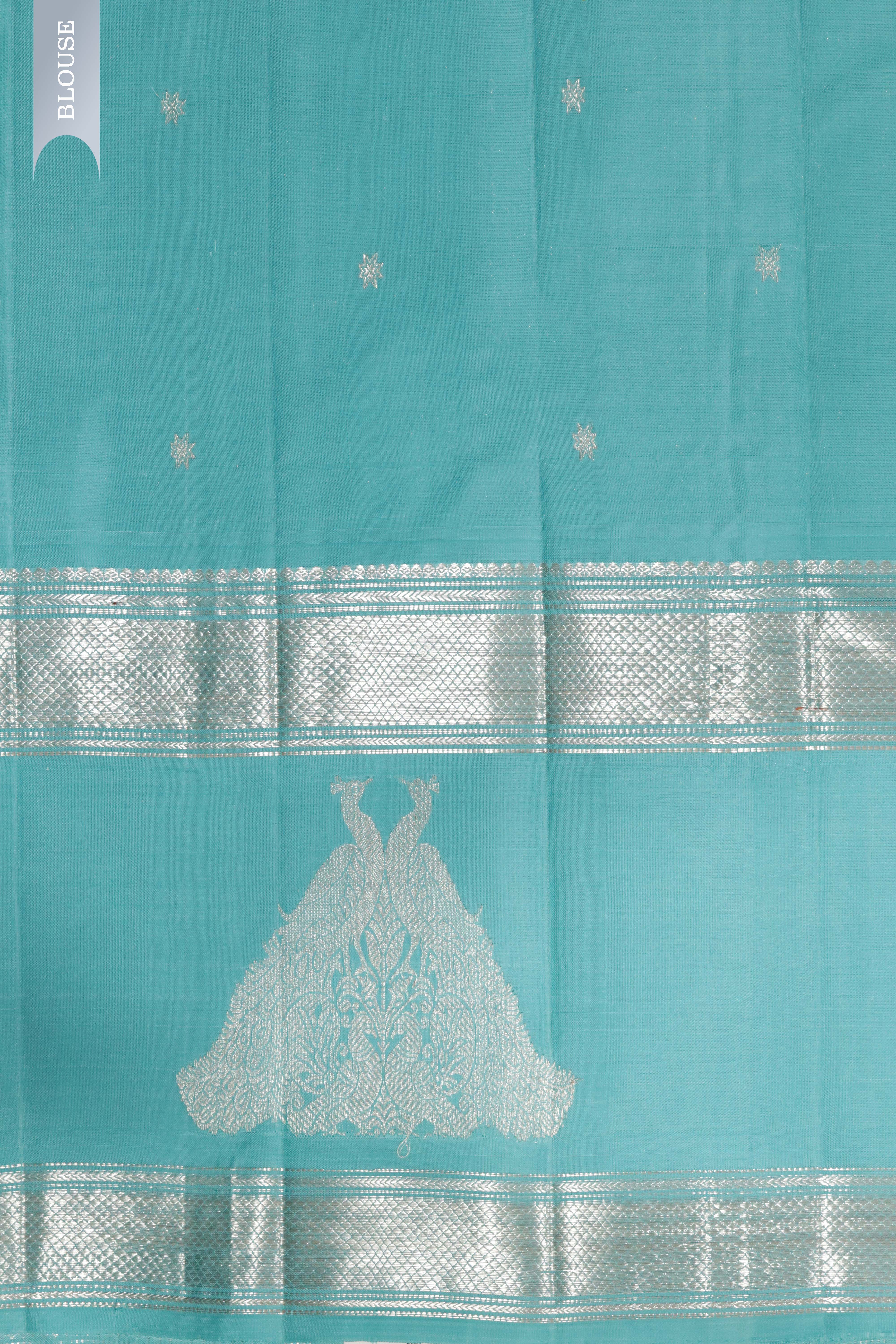 Yellow Kanchipuram Silk Saree with Silver Zari Horizontal Weaving Lines and Fancy Border