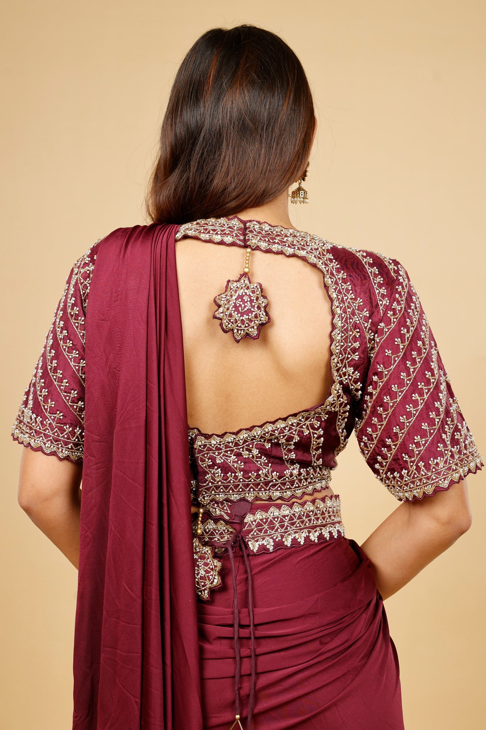 Maroon Satin Lycra Drape Saree with Pearl & Cutdana Embroidery