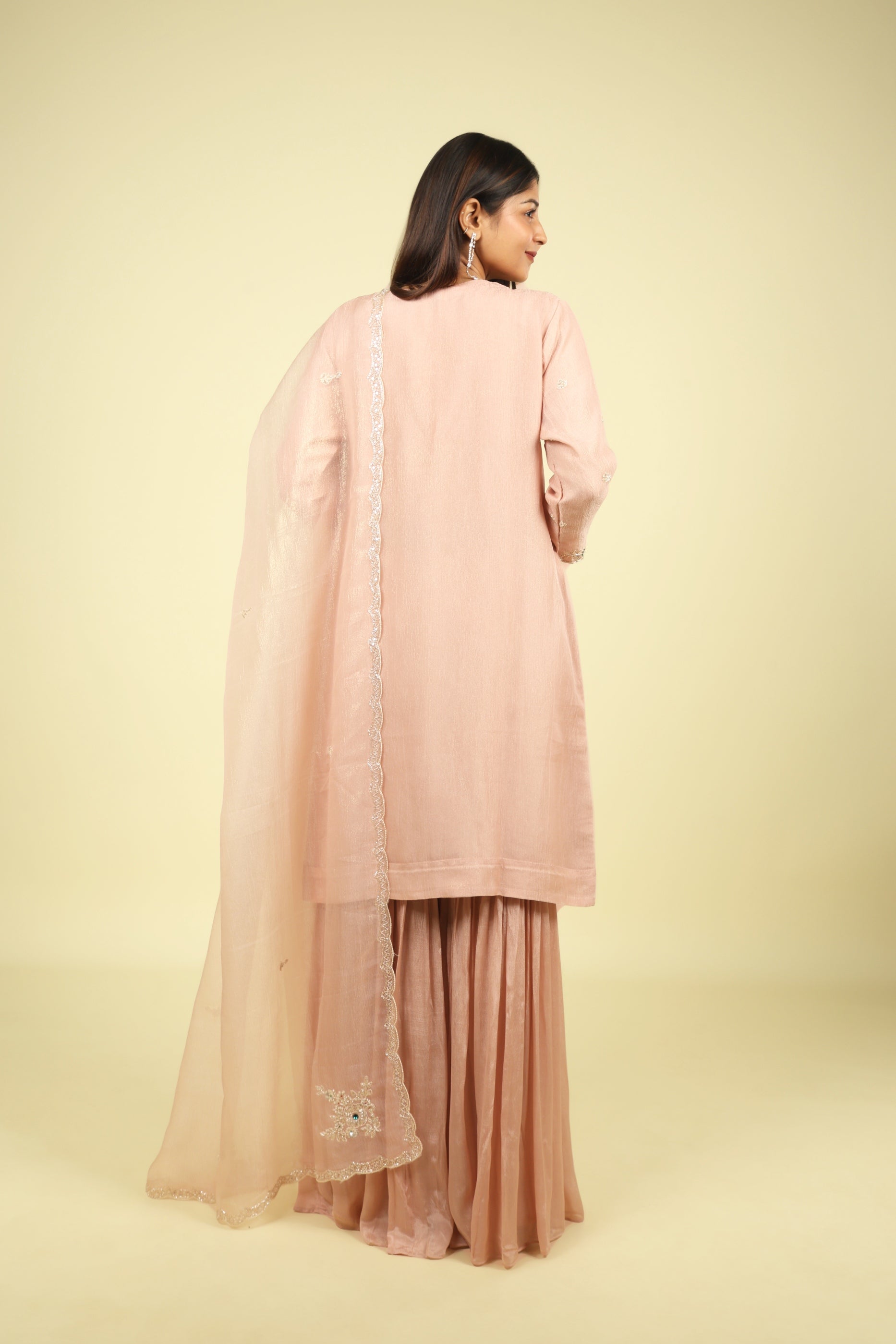 Blush Pink Crush Tissue Sharara Set with Pearl & Kutdana Embroidery