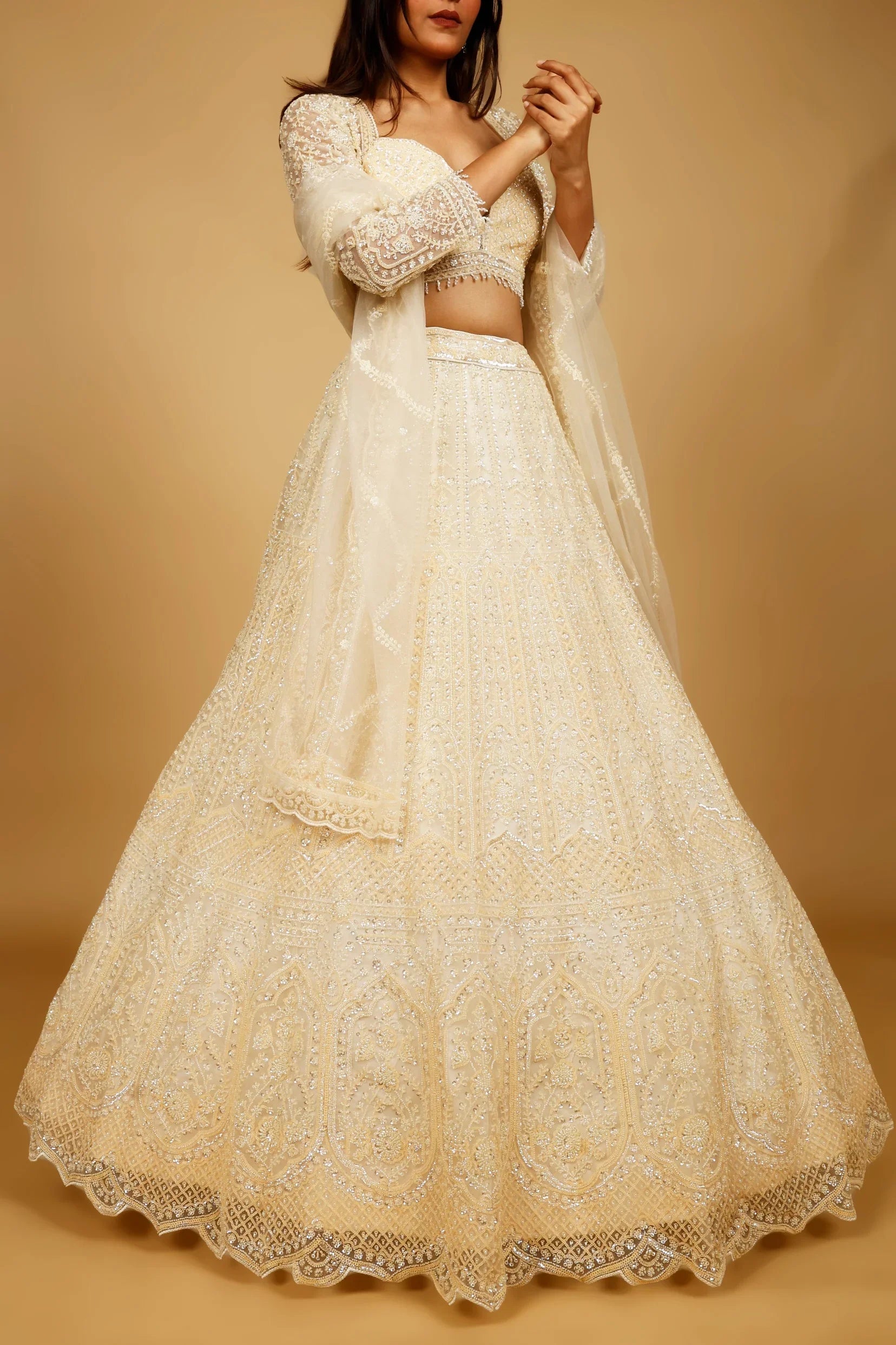 Ivory Gold Net Lehenga Set with Sequin, Cutdana & Pearl Embroidery - Mokshaa
