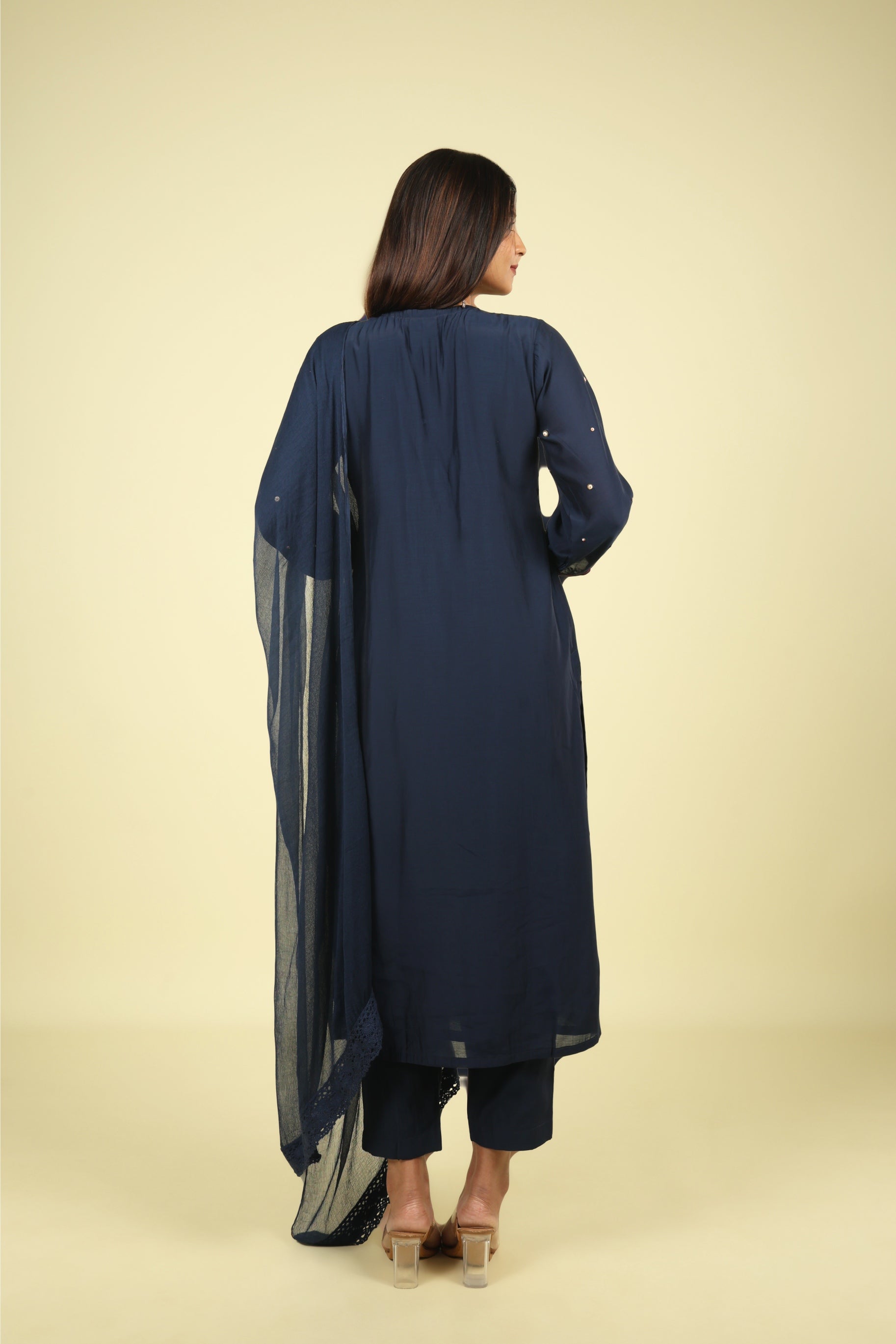 Navy Embroidered Mul Chanderi Salwar Suit