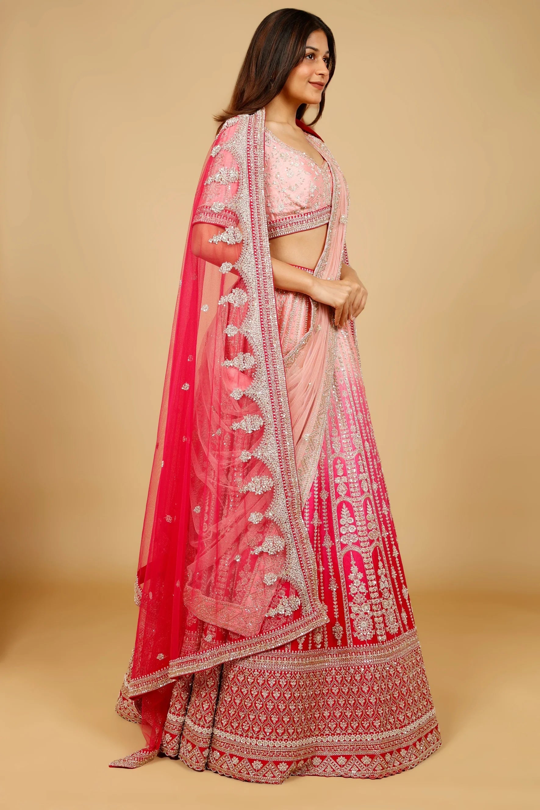 Pink Ombre Raw Silk Bridal Lehenga Set with Zari, Sequin & Zardozi Embroidery