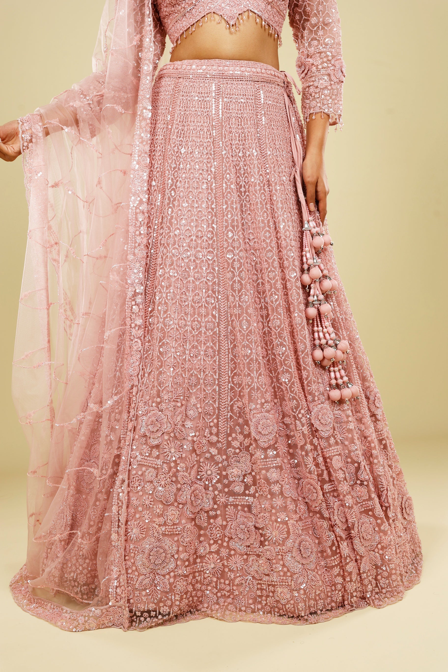 Blush Pink Net Lehenga Set with Pearl, Sequin & Cutdana Embroidery