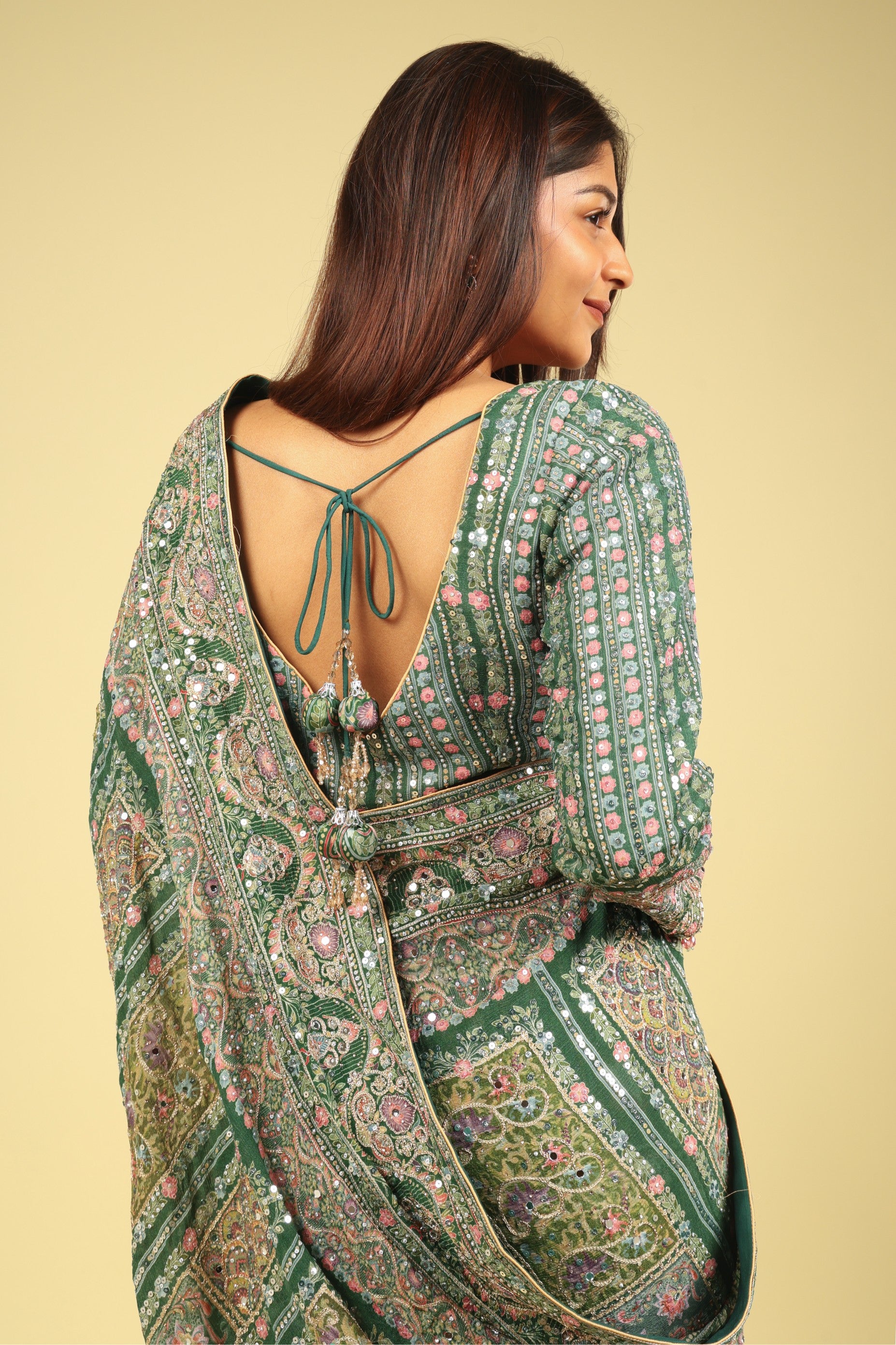 Emerald Green Soft Georgette Saree with Digital Print, Sequin & Mirror Highlights