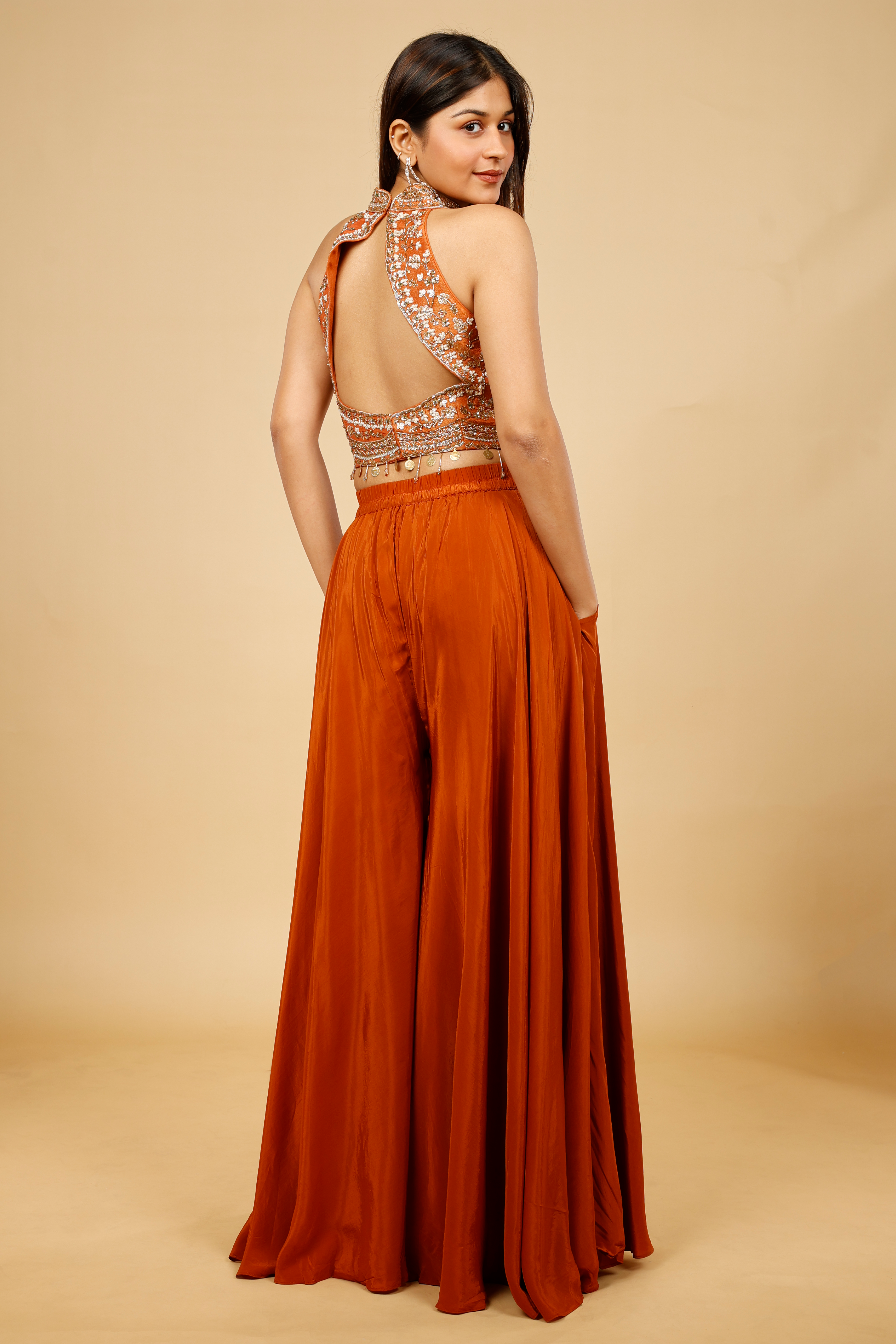 Rust Orange Crepe Silk Crop Top Palazzo Set with Sequin, Cutdana & Pearl Embroidery