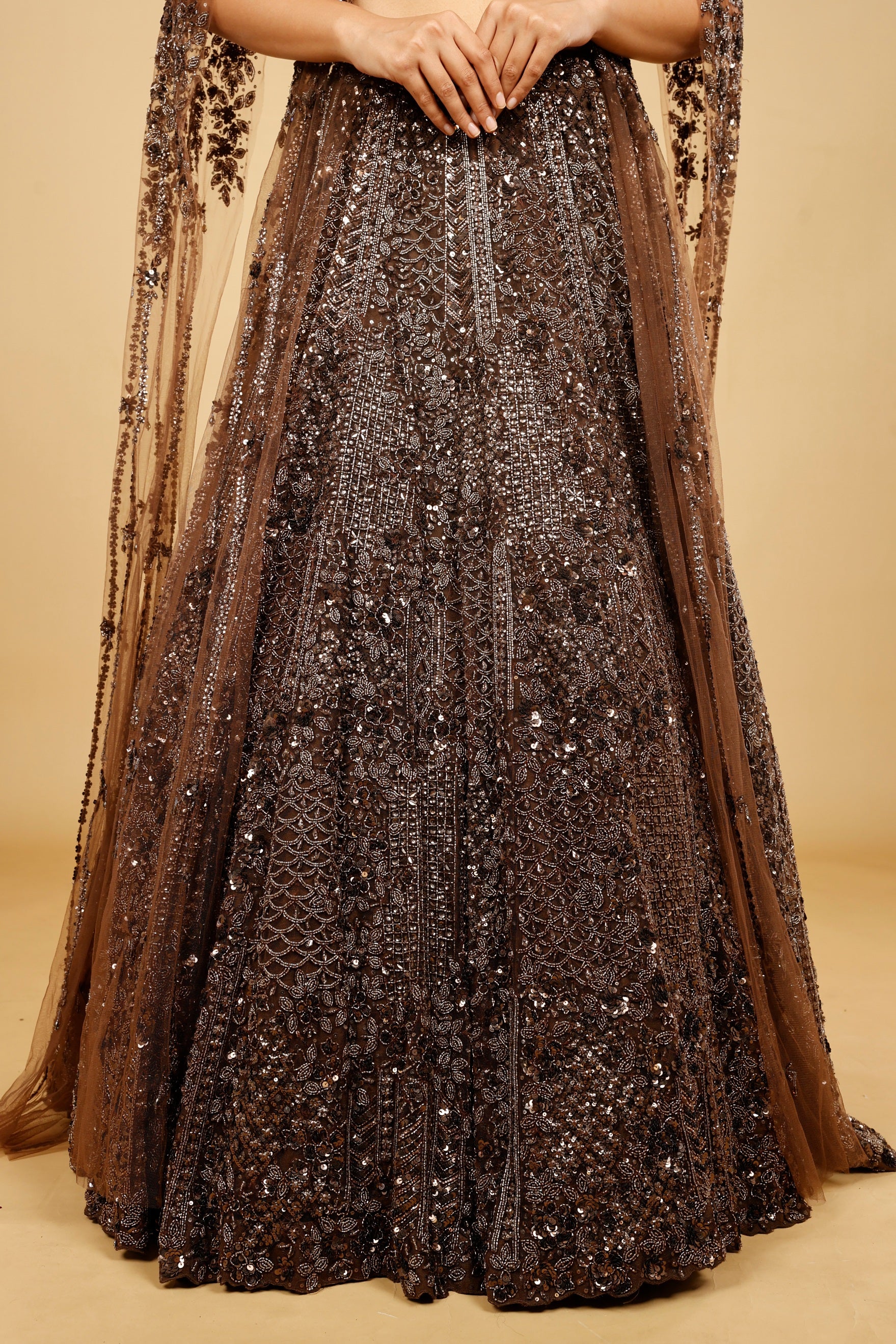 Brown Net Lehenga Set with Sequin, Kutdana & Pearl Embroidery