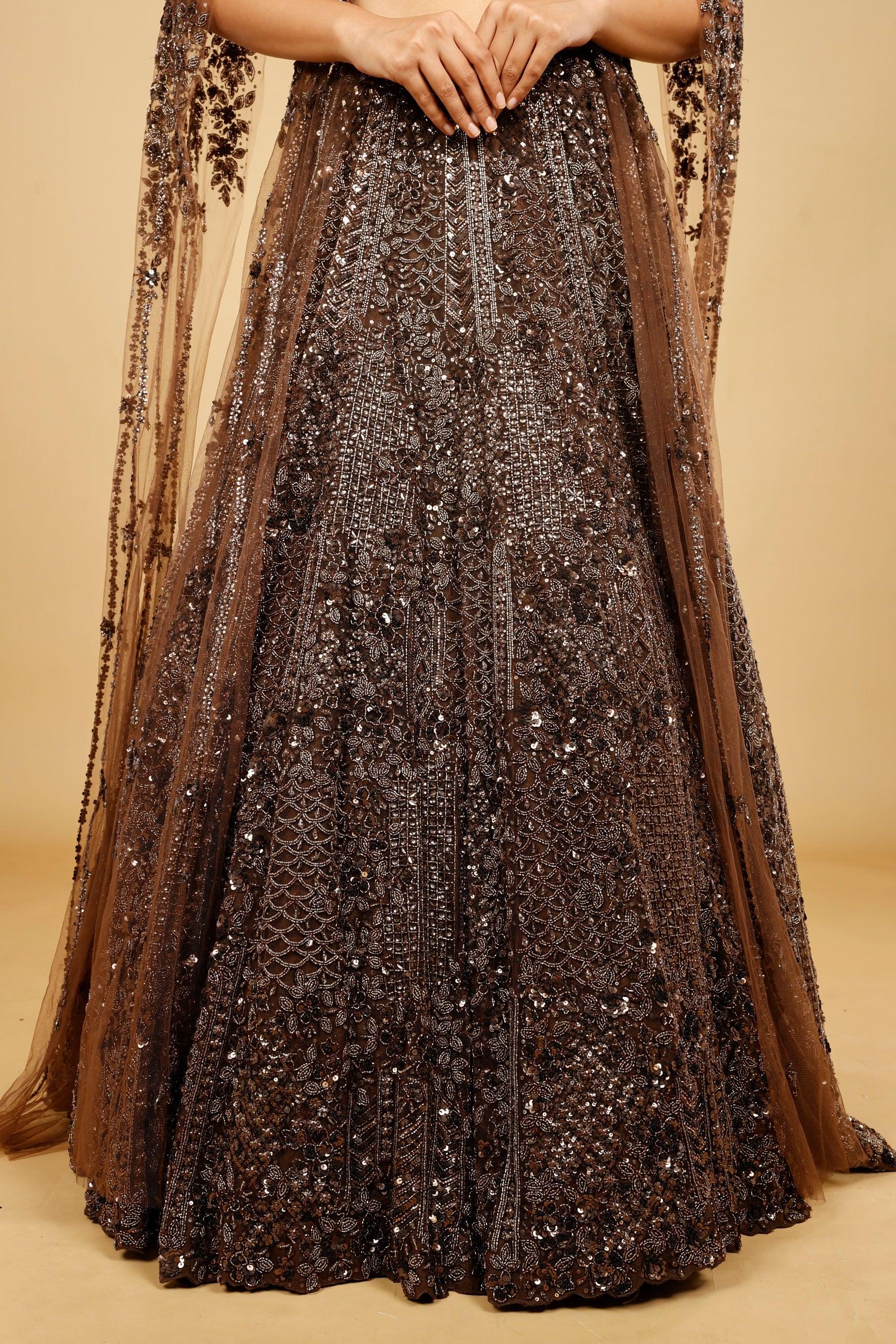 Brown Net Lehenga Set with Sequin, Kutdana & Pearl Embroidery