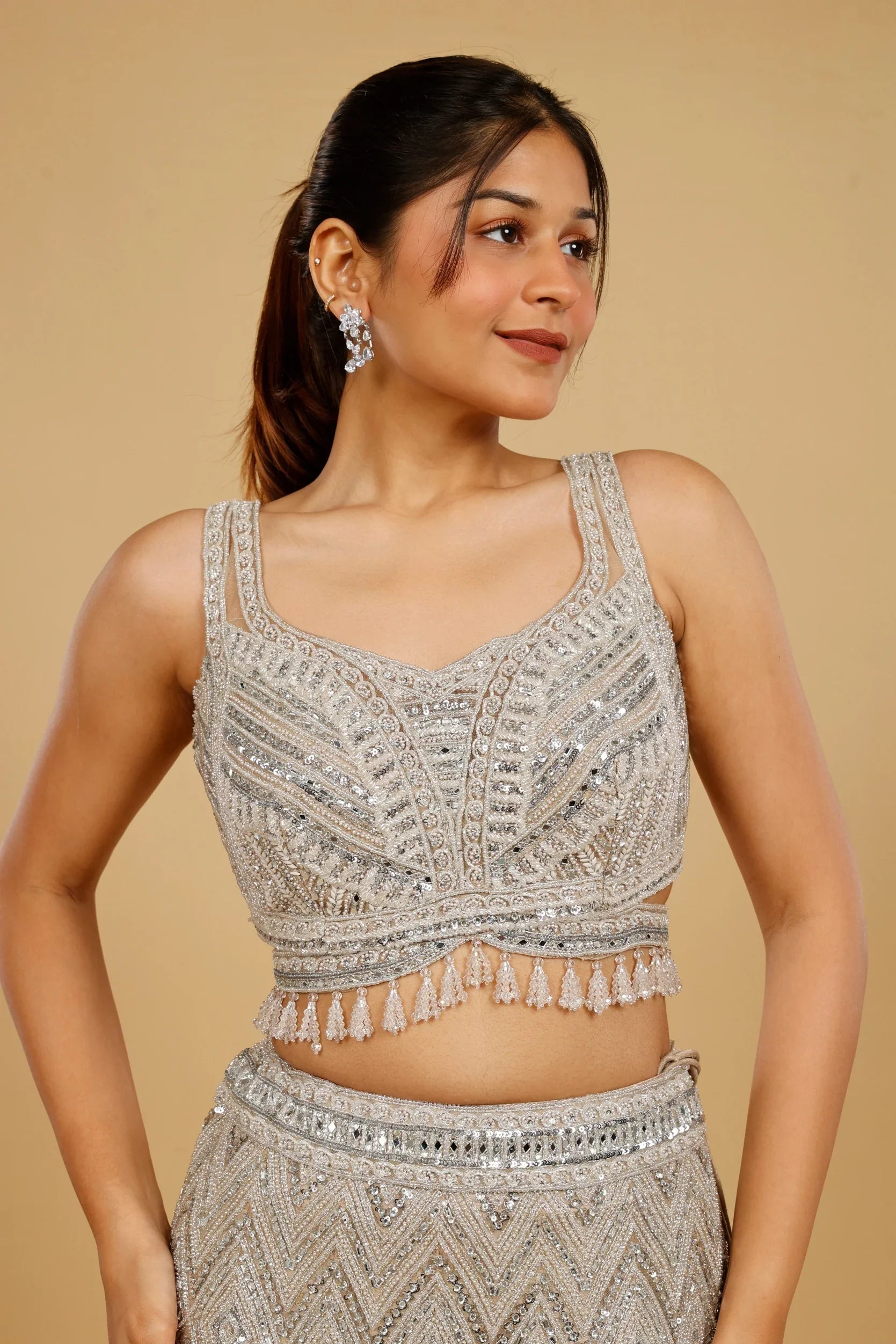 Champagne Net Mermaid Lehenga Set with Mirror, Pearl & Sequin Embroidery