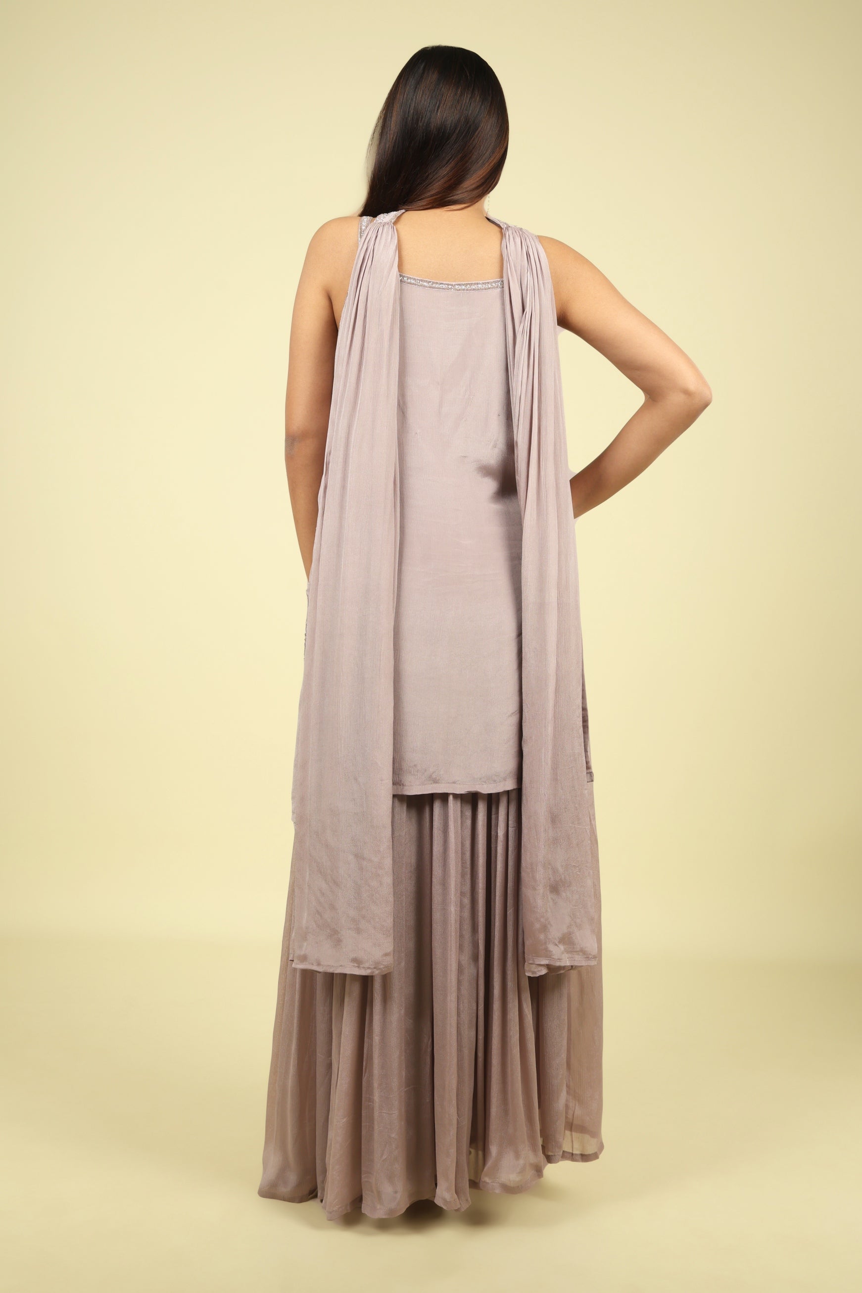 Dark Gold Chinon Sharara Set with Choker Dupatta