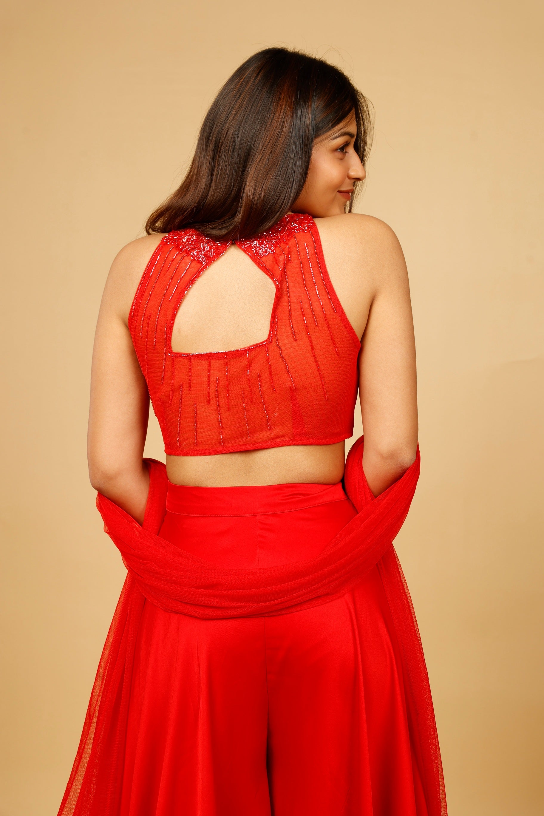 Red Crop Top with Palazzo and Net Dupatta