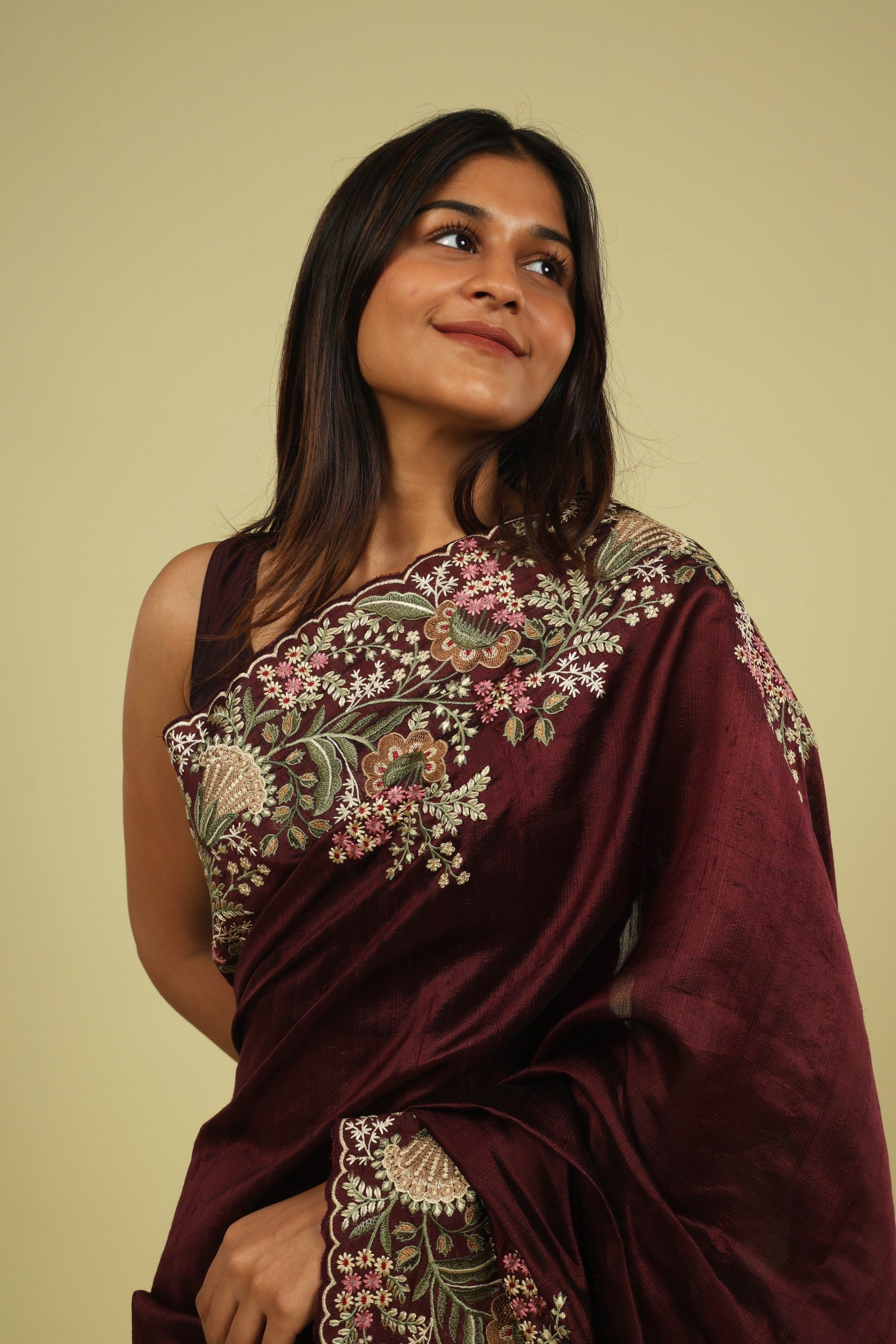 Dark Wine Handloom Tussar Saree with Multi-Thread Embroidered Border