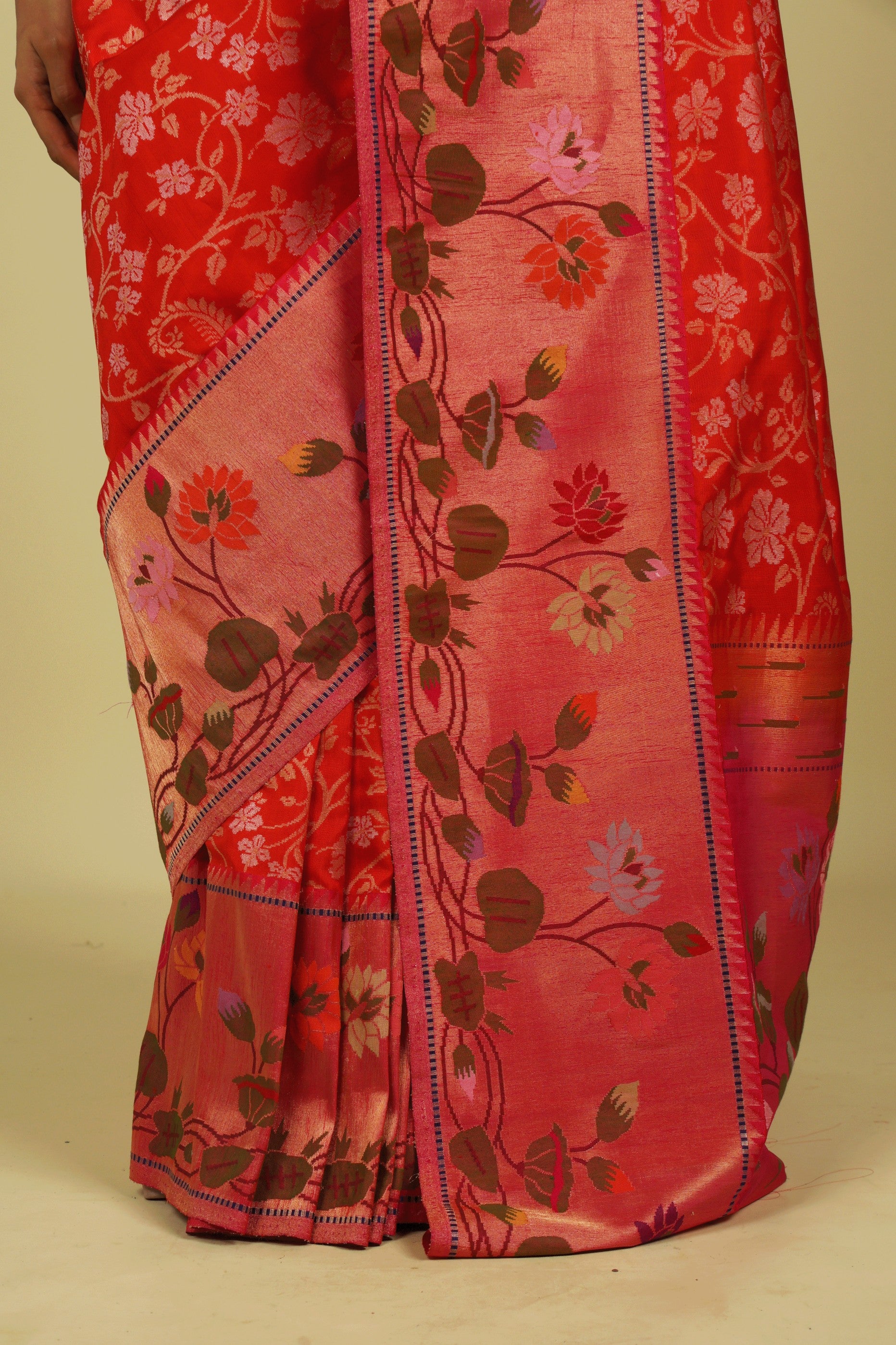 Orange Banarasi Silk Saree with Gold & Silver Zari Jaal and Jamdani Border