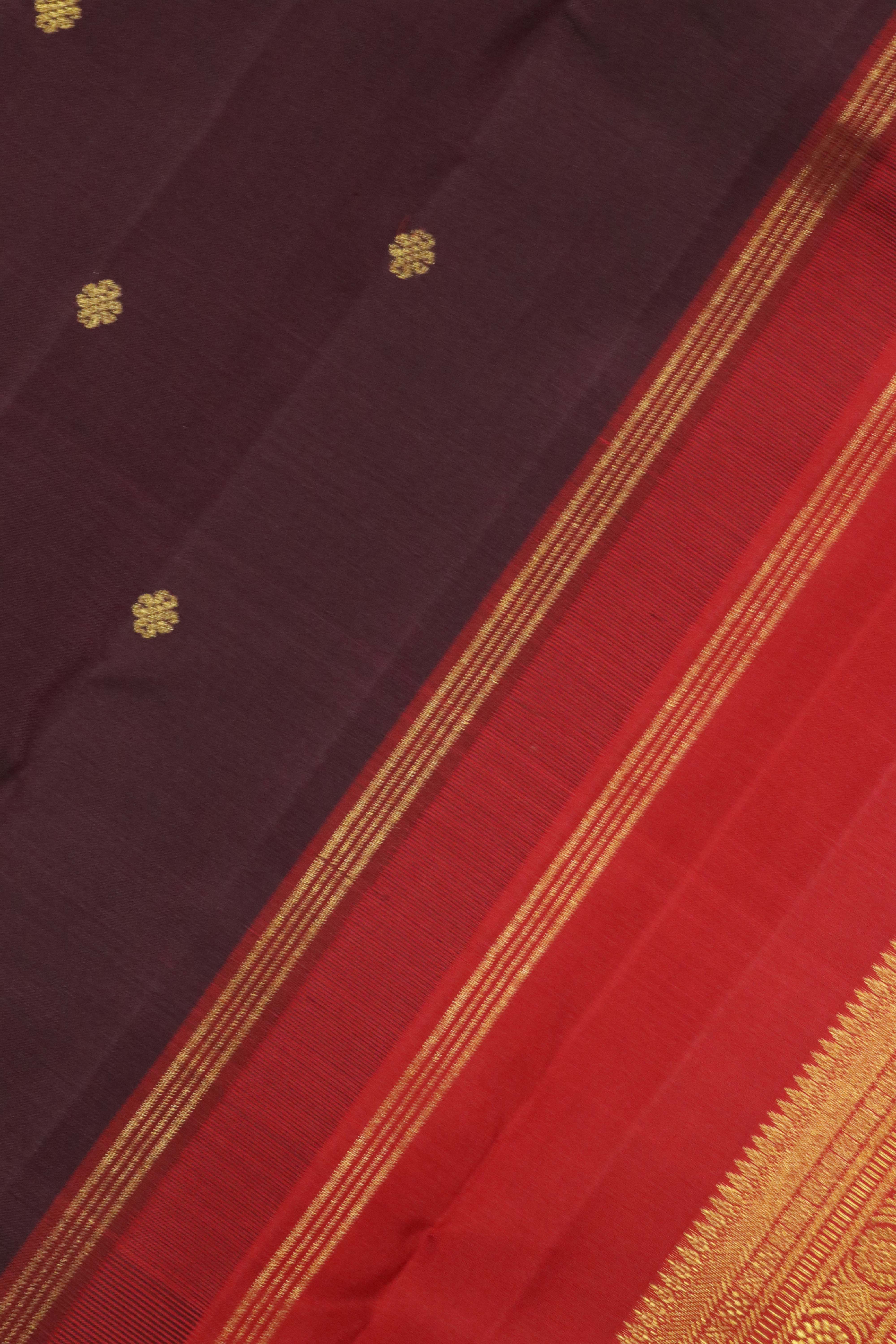 Chocolate Brown Kanchipuram Silk Saree with Motifs & Dancing Figurines and Contrast Zari Border