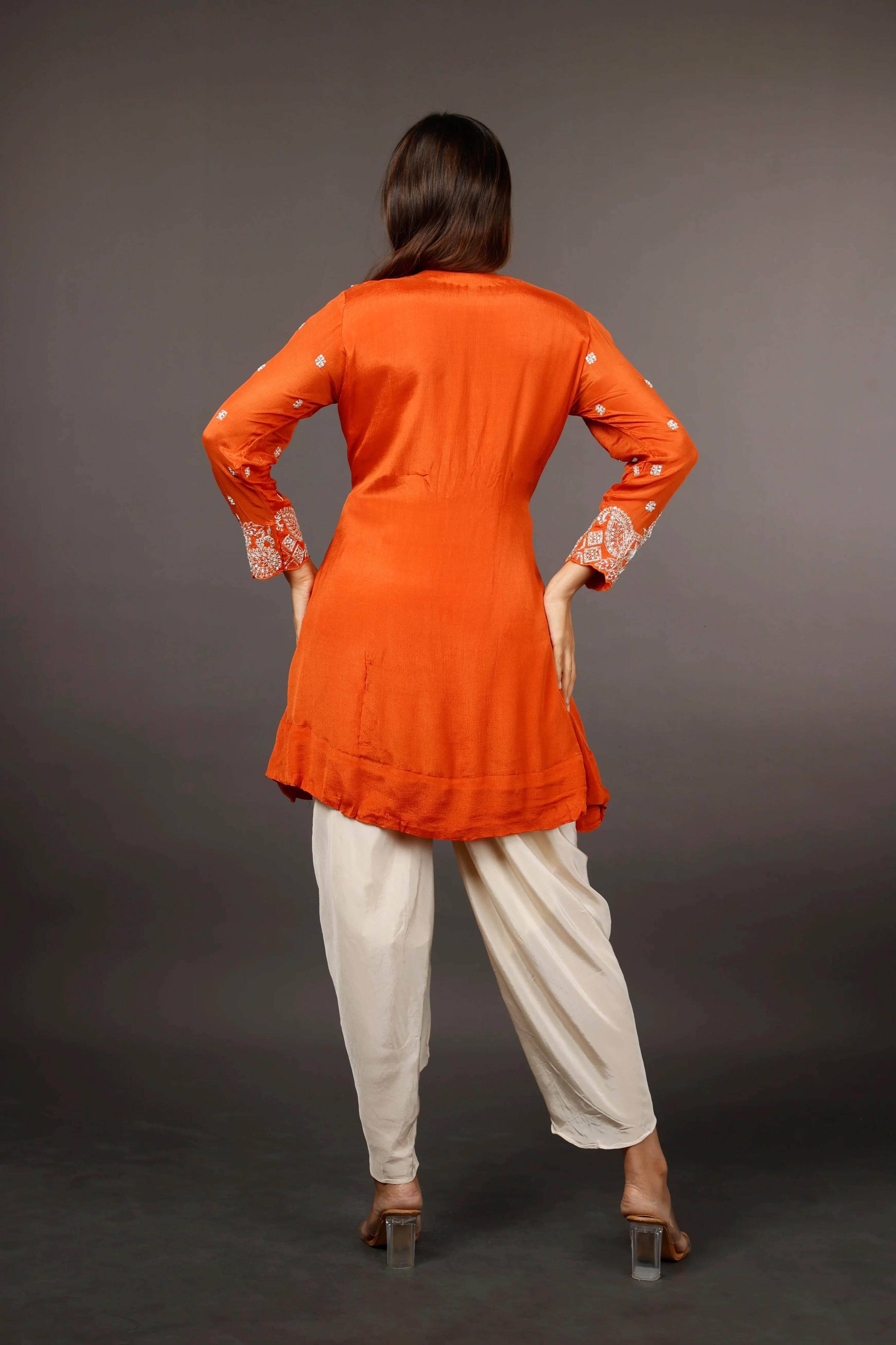 Rust Chinon Silk Indo-Western Kurta with Cream Dhoti Pants - Mokshaa